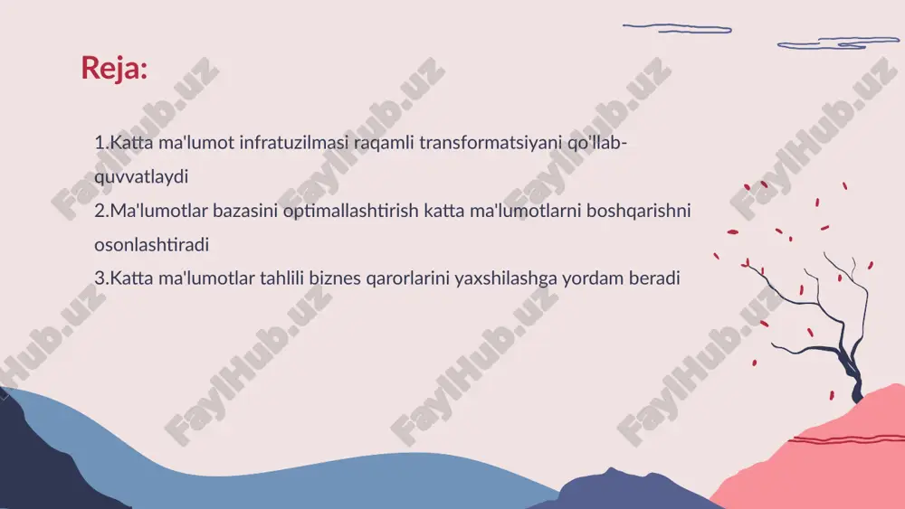 katta ma'lumotlardan foydalanish orqali bizneslar raqobatchilardan oldinda bo'lish imkoniyatini qo'lga kiritadi katta ma'lumotlar tahlili biznes qarorlarini yaxshilashga yordam beradi • ma'lumotlarni himoya qilish - katta ma'lumotlar infratuzilmasi foydalanuvchilarning shaxsiy va biznes ma'lumotlarini himoya qilishda muhim rol o'ynaydi • xavfsizlikni boshqarish - zaruriy xavfsizlik choralari ma'lumotlar infratuzilmasi orqali qo'llaniladi va ularni samarali boshqarish mumkin katta ma'lumotlar infratuzilmasi xavfsizlikni ta'minlashda muhim ahamiyatga ega • bulutli xizmatlarning afzalliklari - bulutli xizmatlar katta ma'lumotlar bilan ishlashda tezlik va samaradorlikni oshiradi • resurslarni tejamkor ishlatish - bulutli xizmatlar resurslarni optimal tarzda taqsimlab xarajatlarni kamaytirishga imkon beradi • texnologik yangiliklar - bulutli xizmatlar yangi texnologiyalarni tezda joriy etish va yangilash imkoniyatini beradi • kengaytirilishi - bulutli xizmatlar biznes ehtiyojlariga qarab kengaytirish mumkin bo'lgan moslashuvchanlikni taqdim etadi katta ma'lumotlar uchun bulutli xizmatlar xarajatlarni kamaytirishga yordam beradi • real vaqt tahlili - odatda, ma'lumotlar oqimlari tez va uzluksiz tarzda yaratiladi va real vaqt rejimida ularni tahlil qilish natijalarning …