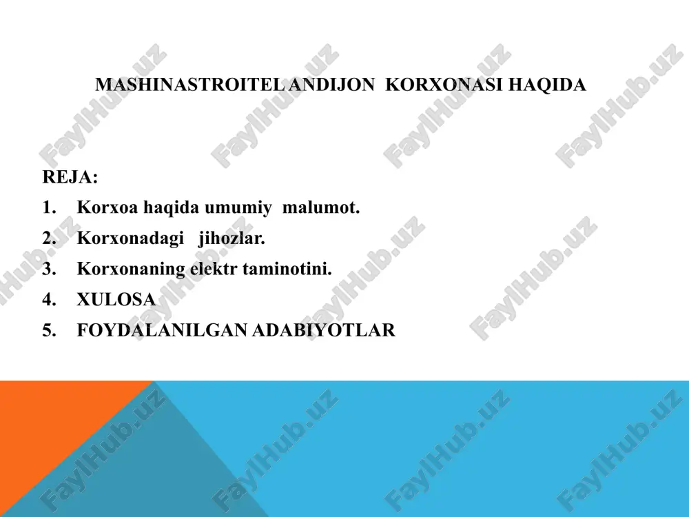 mak, elektr energiyasini tejash ishlab chiqariladigan mahsulotning arzonlashishiga va mahsulotning raqobat bardoshligiga olib keladi. elektr qurilmalari deganda elektr energiyasini ishlab chiqaruvchi, transformatsi yalovchi, uzatuvchi, tarqatuvchi, boshqa turdagi energiyaga aylantiruvchi, tok turini, chastotasini va fazalar sonini o'zgartiruvchi mashinalar, apparatlar, liniyalar va qo'shimcha jihozlar tushuniladi. elektr qurilmalari tokning turi (o'zgaruvchi va o'zgarmas), kuchlanishi (1kv gacha, 1 kv dan yuqori) va ishlatilishi bo'yicha turli guruhlarga bo'linadi. mashinastroitel andijon korxonasi elektr energiyasi bilan taminlanishi bo’yicha 2 –toifa istemolchilariga kiradi.unda birinchi linyadan tok uzilsa ikkinchi linya tok bilan taminlab berishi kerak. 2-toifali elektr iste'molchilari-bunday elektr iste'molchilarining elektr ta'mi- notidagi uzilish ko'plab mahsulotlarni ishlab chiqarilmasligiga, ishchilarning omma- viy turib qolishiga, mexanizmlar va sex transportini ishlamasligiga olib keladi. mashinastroitel andijon korxonasi mashinlarga extiyot qismlari ishlab chiqarish bilan shug’ullanadi . u hoxirda cobalt , tracker,10x centra kabi mashinalarga 12 xil detal ishlb chiqaradi. hozirda bu korxonada 10 ta press,1 ta qaychi, 1 ta kran balka va kontakt svarkadan …