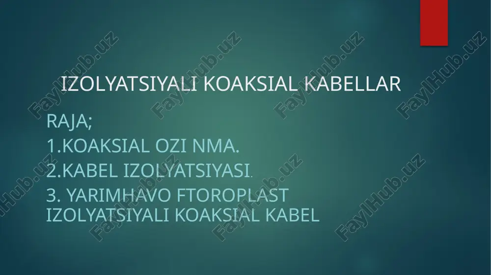 han tarkibga bog‘liq holda o‘zgaradi. markaziy o‘ragich: 1- o‘ralayotgan maxsulot; 2- tasma o‘rami yoki ipli baraban (simli); 3- o‘ragich diski; 4- yo‘naltiruvchi barmoqlar. qog‘oz izolyatsiyasini yo‘naltiruvchi moslamalari: a – oddiy; b – yassi; v – tangentsiali; g – yarim tangentsiali; 1 – o‘ralayotgan maxsulot; 2 – tasma o‘rami yoki ipli babina (simli); 3 – yo‘naltiruvchi barmoqlar. yarimhavo ftoroplast izolyatsiyali koaksial kabel simi bir, 7, 9 tolali mis, bronza asosida tayyorlaniladi. izolyatsiya f4d, f4mb kordelidan iborat bo‘lib, u mis sim ustiga spiral holda yotqizilgan. so‘ng f4 tasma yoki f4mb naycha yotqiziladi. uning ustidan bir-ikki qatlamli to‘qima yotqiziladi. kabel to‘lqin qarshiligi 50, 75, 100 om ga teng. etiboringiz uchun raxmat image6.jpg image7.jpg image8.jpg image9.jpg image2.png image3.png image4.png image5.png /docprops/thumbnail.jpeg