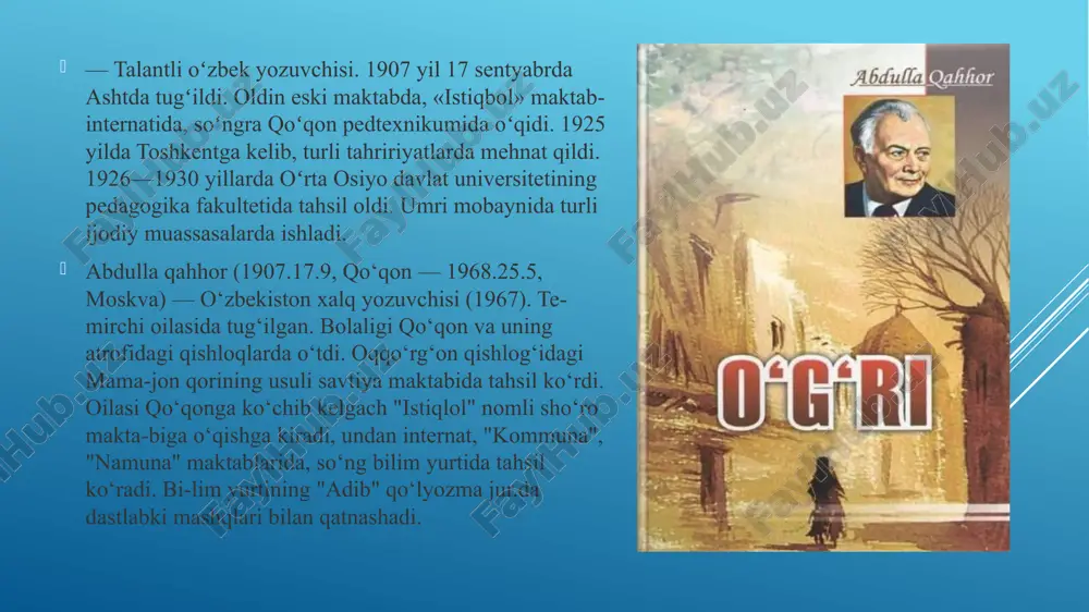 davomida 40 dan ziyod asar eʼlon qilgan. bu kitoblar orasida 30 ga yaqin hikoyalar ham boʻlib, ular oʻzbek adabiyotida hikoya janrining badiiy ufqlarini kengaytirgani bilan ahamiyatlidir. abdulla qahhorning nasriy asarlari orasida „qoʻshchinor chiroqlari“ romani hamda „sinchalak“ (1958), „oʻtmishdan ertaklar“ (1965) va „muhabbat“ (1968) qissalari muhim oʻrin tutadi. undan tashqari „boshsiz odam“, „anor“, „bemor“, „oʻgʻri“, „dahshat“, „millatchilar“, „sanʼatkor“, „adabiyot muallimi“, „oʻjar“, „asror bobo“ kabi oʻnlab hikoyalar yozgan. „shohi soʻzana“ (1949), „ogʻriq tishlar“ (1954), „tobutdan tovush“ (1962), „ayajonlarim“ (1966) nomli komediyalar muallifi. feletonlar, adabiy-tanqidiy maqolalar ham yozgan. “sarob” romani abdulla qahhorning 30-yillardagi ijodida uning birinchi romani – „sarob“ muhim oʻrinni egallaydi. yozuvchining ushbu romani bosh qahramon saidiyning faoliyatini koʻrsatishga qaratilgan, yana unda 20-yillarning 2-yarmidagi oʻzbek xalqi hayotining maishiy, etnografik, iqtisodiy va maʼnaviy manzaralari yaqqol aks etib turadi. “sarob” keng mavzuli roman boʻlgani uchun yozuvchi oʻzining badiiy niyatini yalangʻoch holda koʻrsatmay, uni shu davr hayotining boshqa manzaralari koʻrinishida reallashtirishga uringan. voqealar tasvirida yozuvchi …