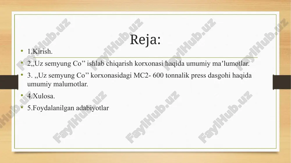 oqlari va ijtimoiy sohaning energiya samaradorligini oshirish, energiya tejovchi texnologiyalarni joriy etish, chora-tadbirlari to‘g‘risida” gi qarori. ishlab chiqarish korxonasi haqida umumiy maʼlumotlar. “uz saemyung co” qo‘shma korxonasi oʻz faoliyatini 1998-yilning 23-may kuni boshlagab boʻlib, asosan yengil avtomobillarning ehtiyot qismlarini hamda benza baklarini ishlab chiqaradi. korxona andijon viloyati, andijon, sayskaya ko‘chasi, 5a uyda joylashgan boʻlib umumiy 5. 1 ga yer maydoniga ega hisoblanadi modeli - simpac mc2 dvigatel quvvati 55 kw nominal bosimi – 600 tonna aylanishi – 1200 ayl/min zarba minutiga 20-30 marta energiya ta`minoti -3 fazali 380 v 50 hz ishlaydi xavfsizlik tizimi – ikki qollik tugma ximoya zonasi mc2-600 seriyali simpac ekzatnik press dasgohining asosiy maqsadi metalga ishlov berish qirqish, presslash, egish, chizish, uchun ishlatiladi simpac mc2‑600 – bu 600 tonnagacha bosim quvvatida, yuqori aniqlik, repetitivlik va ish tezligi bilan metal sanoatda keng tarqalgan avtomatlashtirilgan press bo‘lib, quyidagi sohalarda ishlatiladi: avtomobil sanoati (qarzdor qismlar, tarmoqlar) elektronika va maishiy …