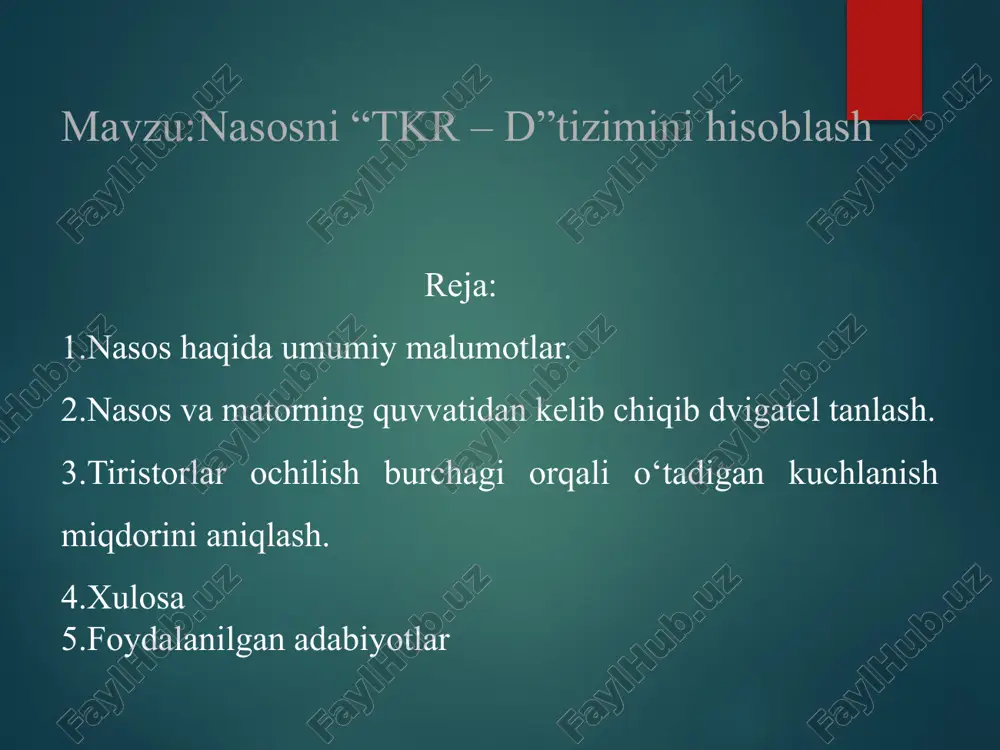 – dvigatel; 4 – zadvijka; 5 – bak; h1 (hv) - so’rish balandligi; h2 (hn) – gidrostatik bosim, h3 – zadvijka, ventil, trubalardagi bosim yo’qatilishi; h4 – erkin bosim, trubalardan suvni oqib ketish tezligiga mos keladi nasos quvvati quyidagi formula yordamida hisoblanishi mumkin matorning quvvati quyidagi formula yordamida hisoblanishi mumkin /=18,433/0.84=kvt ,94 matorning quvvati asosida pm quvvatdan kelib chiqib dvigatel tanlaymiz. tanlangan dvigatel parametrlari tipi aip180s4 quvvati p= 22 kvt nominal aylanish tezligi n=1500 ayl/min nominal toki i=43,2 a f.i.k=90,5% nominal momenti =143,9 nm inersiya momenti j=0,07kg elektr dvigateli 22kvt, 1500 ayl/min – air180s4 tkr – ad tizimli eyni funksional sxemasi: vs1–v10 – tiristorlar; bu – boshqarish bloke; m – asinxron dvigatel; br – taxogenerator; r2d – qoshimcha qashilik; uy va uz – boshqarish va topshiriq kuchlanishlari. tiristorlar ochilish burchagi orqali o‘tadigan kuchlanish miqdori quyidagicha aniqlanadi. bu yerda:-maksimal fazaviy kuchlanish 150 120 90 60 30 0 u 64,15 167,92 268,59 …