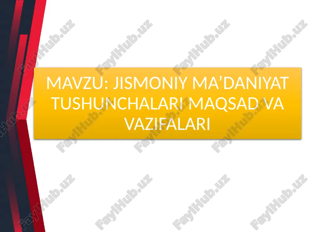 imizda yulga kuyilgan jismoniy madaniyat jarayoniga qator talablar kuyadiki, 6u talablarni amalga oshirish natijasida jismoniy madaniyat tizimiiing ob’ektiv xususiyatlari namoyon bo’ladi. mamlakatimiz xalklarining har tomnlama jismoniy tayyorgarligi, jismoniy sifatlarini yaxshi rivojlanganigi vatan mudofaasiga tayyorligining kursatkichi bo’lib xizmat qilish lozim. shunday qilib, o’zbekistonda jismoniy madaniyatning maqsadi. o’zbekiston xalkini jismoniy kamolotga erishgan, xukukiy davlat ning aktiv kuruvchilari, ijodiy mehnatga va vatan mudofaasiga tayyor qilib madaniyatlashdir. bu maqsad mamlakatda jismoniy madaniyatni amalga oshirayetgan barcha tashkilot va muassasalar uchun umumiydir. maqsadning umumiyligi jismoniy madaniyat tizimining asosiy qonuniyatlaridan biridir. kursatilgan maqsad va sharoitlarga javoban uni amalga oshirishda shug’ullanuvchilarning yoshi, sogligi, jismoniy tayyorgarligi, shug’ullaniladigan kasbi xisobiga olinadi va jismoniy madaniyatda konkret vazifalar xal kilinadi. jismoniy madaniyat tizimiga umumiy vazifalar kuyilgan bo’lib, ular kuydagilardan iborat: a) odam organizmi forma funksiyasi garmonik rivojlantirish. jismoniy kobiliyatni har tomonlama kamolga yetkazish, soglikni mustaxkamlash va xalkning uzoq umr kurinishini ta’minlashga yunalish berish; b) hayotiy zaruriy harakat malakalarini va kunikmalarini, kundalik turmushda …