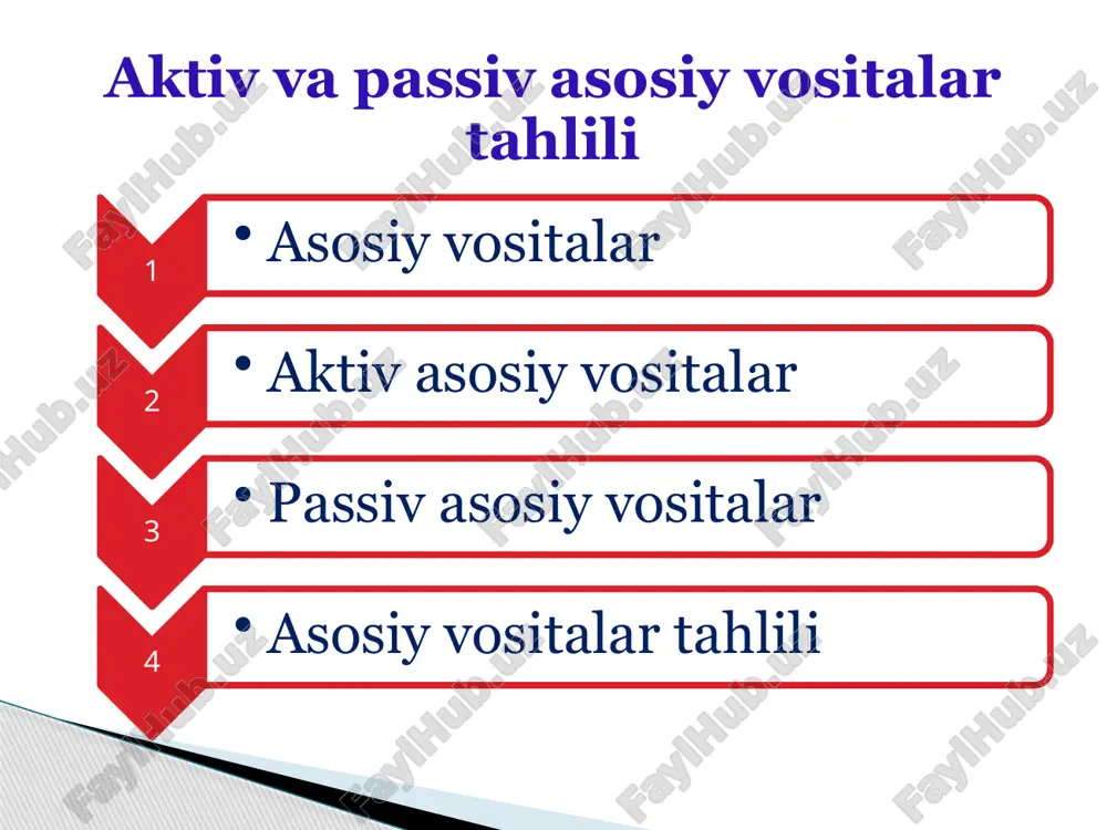 boʻlgan, bozori chaqqon aktiv (veksellar, qimmatbaho qogʻozlar, oltin, naqd pul va boshqalar) likvid aktiv deyiladi aktiv asosiy vositalar passiv (lot. passivus — harakatsiz) — 1) korxonaning hamma qarzlari va maj-buriyatlari (aktivning teskari holati); 2) buxgalteriya balansining oʻng qismi, korxona mablagʻlarining paydo boʻlishi, egaligi va maqsadlariga qarab guruhlangan (oʻz zaxiralari, boshqa muassasalardan olingan qarzlar) moliyalash manbalarini ifoda etadi passiv asosiy vositalar tahlil uchun zarur bo‘lgan ma’lumotlar 3 - shakl “asosiy vositalar harakati to‘g‘risida hisobot” shaklidan olinadi. ushbu tasnif tahlil maqsadlari uchun foydalaniladi. asosiy vositalami o‘rganishda ulaming texnik holat va harakat ko‘rsatkiehlariga muhim ahamiyat beriladi. asosiy vositalar tahlili asosiy vositalaming holat ko‘rsatkichlariga quyidagilar kiritiladi: 1 asosiy vositalaming yaroqlilik darajasi; 2 asosiy vositalaming eskirish darajasi. yaroqlilik darajasi asosiy vositalaming qoldiq qiymatini ulaming boshlang‘ich qiymatiga bo‘lish’orqali; eskirish darajasi asosiy vositalaming eskirish qiymatini ulaming boshlang‘ich qiymatiga bo‘lish asosida aniqlanadi. yaroqlilik va eskirish koeffisentlari yig‘indisi koeffisentda 1 ga, foizda 100 teng bo‘ladi. asosiy vositalar tahlili asosiy …