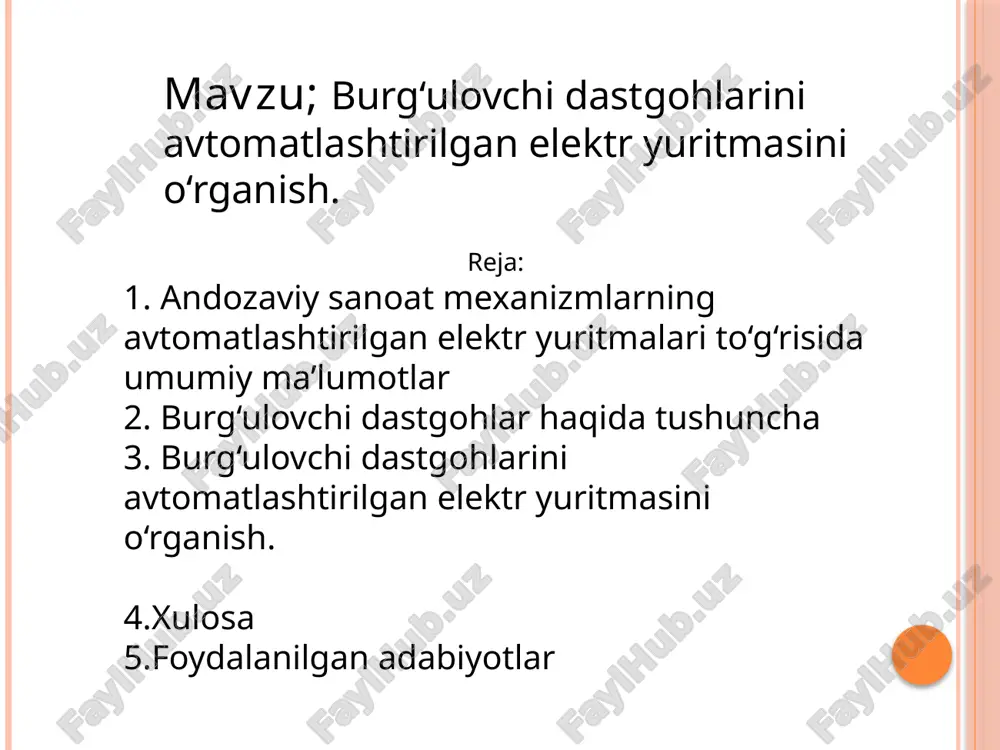 hlash uchun mo‘ljallangan asbob-uskunalardir. ushbu dastgohlar sanoat, qurilish, mexanik ustaxonalar va boshqa ko‘plab sohalarda keng qo‘llaniladi. burgʻalash dastgoxlarning elektr yuritmalariga quyidagi talablar qo‘yiladi: 1) agar dastgoxda rezba qirqilsa, shpindelning yuritmasi reversiv bo‘lishi kerak 2) boshqarish sxemasida traversaning harakati cheklanishi nazarda tutilishi kerak 3) agar traversa qisilgan xolatda bo‘lsa, uning harakatga keltiruvchi dvigatelini ulanishini yo‘l qo‘ymaydigan blokirovka mavjud bo‘lishi lozim 4) dastgox faqat kolonna qisilgan xolatda ishga tushirilishi mumkin dastgoxning turiga ko‘ra bosh harakatning tezligini rostlash diapazonlari quyidagicha: a) vertikal teshik yo‘nish dastgoxlarida d=(2-10):1 b) radial teshik yshnish dastgoxlarida d=(20-70):1 v) burgʻalash dastgoxlarida d=(100-120):1 teshik yo‘nish stanoklarining bosh yuritmasi qisqa tutashgan ad lar bilan jixozlanadi. shpindelni tezligini rostlash “tezliklar” qutichasini shesteryonkalarni qayta ulash bilan amalga oshiriladi. ba’zi xollarda tezliklar bo‘yicha oraliq o‘tish tezliklarini sonini kamaytirish maqsadida ko‘p tezlikli ad lar ishlatiladi. burg'ulash uskunasi asboblari burg'ulash jarayonida turli parametrlarni o'lchash uchun ishlatiladigan asboblardir. bu parametrlar quduq chuqurligi, quduq chuqurligi tezligi, burg'ulash uchining …