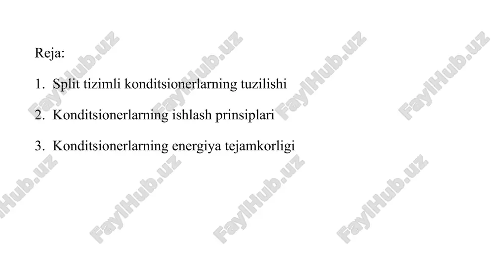 r sovutish suyuqligi va elektr signallarini oʻtkazadi. tashqi blok tashqi modul quyidagi elementlardan iborat: kompressor - split tizimning "yuragi"dir: u sovutgichning harakatlanishi va siqilishini ta'minlaydi; termoregulyatsiya klapani - sovutgichning bosimini pasaytiradi; kondensator - freonni suyuqlikka aylantiradigan issiqlik almashtirgich ; ventilyator - kondensatorni puflash uchun zarur; boshqaruv paneli - faqat inverterli modellarda, an'anaviy dvigatelli split tizimlarda mavjud, boshqaruv bloki ichki bo'linmada joylashgan; to'rt tomonlama klapan - sovutgichni teskari aylantirish uchun javobgardir, shuning uchun isitish funksiyasi bo'lgan qurilmalar u bilan jihozlangan . ichki blok u quyidagi tarkibiy qismlardan iborat: bug’latuvchi - freonni gazsimon holatdan suyuqlikka aylantirish uchun zarur; ventilyator - havo oqimlarining harakatini ta'minlaydi; filtrlar - chang va qoldiqlarni olib tashlaydi; pardalar - ichki modulning harakatlanuvchi qismlari, buning yordamida siz havo oqimining yo'nalishini o'zgartirishingiz mumkin; indikatorlar - yoqilgan funksiyalar va xatoliklar haqida ma’lumot beradi. ichki va tashqi bloklar oʻrtasidagi aloqalar ichki va tashqi bloklar oʻrtasida sovutish suyuqligi va elektr signallari oʻtkazish uchun …