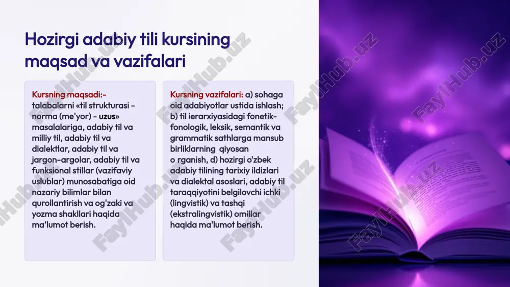 amal qiladi. uzus - leksema, frazema, so'z shakli va sintaktik konstruksivalarning til egalari tomonidan qabul etilgan qo'llanishi. adabiy tilning shakllanishi va rivojlanishi 1 tilning boshlanishi sheva va dialektlardan boshlanadi 2 yozuvning paydo bo`lishi yozuvli tilning rivojlanishi 3 adabiy tilning shakllanishi adabiy me`yorlarning paydo bo`lishi 4 zamonaviy tilning rivojlanishi tilning o`zgarishi va rivojlanishi jargon va argolar — ma’lum ijtimoiy guruhlarga, masalan, o'g'rilarga,sportchilarga yoki talabalarga xizmat qiladigan yasama til. bunday «til»elementlari (jargonizm va argotizmlar) adabiy tilda ishlatilmaydi. funksional stillar — tilning vazifaviy uslublari. bunday uslublar inson faoliyatining u yoki bu sohasiga xoslangan nutqni qoliplaydi. chunonchi: rasmiy ish uslubi. bu uslub ma’muriy-idoraviy hujjatlar tilini qoliplaydi. ilmiy uslub — ilmiy asarlar tilini va ilmiy nutqni qoliplaydi. publitsistik uslub — ommabop asarlar, ma’ruzalar tilini qoliplaydi. so ‘zlashuv uslubi. bu uslubning ikki xil ko'rinishi mavjud: a) adabiy so'zlashuv uslubi; b) oddiy (jonli) so'zlashuv uslubi; badiiy uslub. bu uslub badiiy asar tilini va badiiy nutqni qoliplaydi. funksional …