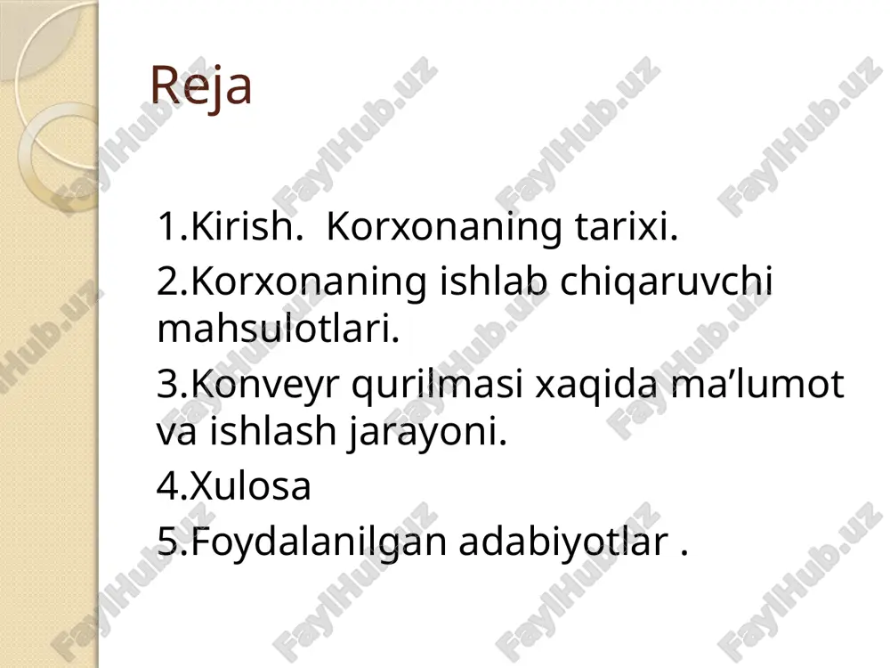 ial ko‘chasi 4-uyda joylashgan bo‘lib, korxonaning umumiy maydoni -22 856 m2, bundan ishlab chiqarish maydoni 14 184 m2 ; qo‘shimcha maydon - 4 140 m2 ; ortgan maydon – 4 944 m2 bino qurilganmaydon esa - 16 815 m2 ni tashkil etadi. «o‘z-dong yang ko» o‘zbek-koreya qo‘shma korxonasi 1996 yil janubiy koreyaning «dong yang yevxa indastriz ko ltd» korxonasi va «o‘zavtosanoat» aktsiyadorlik kompaniyasi o‘rtasida imzolangan kelishuvdan so‘ng o‘z faoliyatiniboshladi. • korxona «gm-uzbekiston» zavodi tomonidan ishlab chiqarilayotgan nexia, damas, matiz va spark avtomobillarini ichki qoplama detallari bilan ta’minlab berish uchun tashkil etilgan. ushbu tashabbus orqali avtomobil detallarini import xajmini qisqartirish va bu bilan davlat valyuta zaxirasini tejab qolish ko‘zda tutilgan, shuningdek yangi ishchi o‘rinlar yaratish mo‘ljallangan. o‘zbekistonda ishlab chiqarilayotgan avtomobillar uchun kerakli butlovchi qismlarni maxalliy korxonalarda ishlab chiqarish dasturi amalga oshirildi. • korxonada asosan avtomobil ichki jixoz detallari ishlab chiqariladi. bular qatoriga eshik ichki qoplamalari, avtomobil tom qoplamalari, pol to‘shamalari kiradi. …