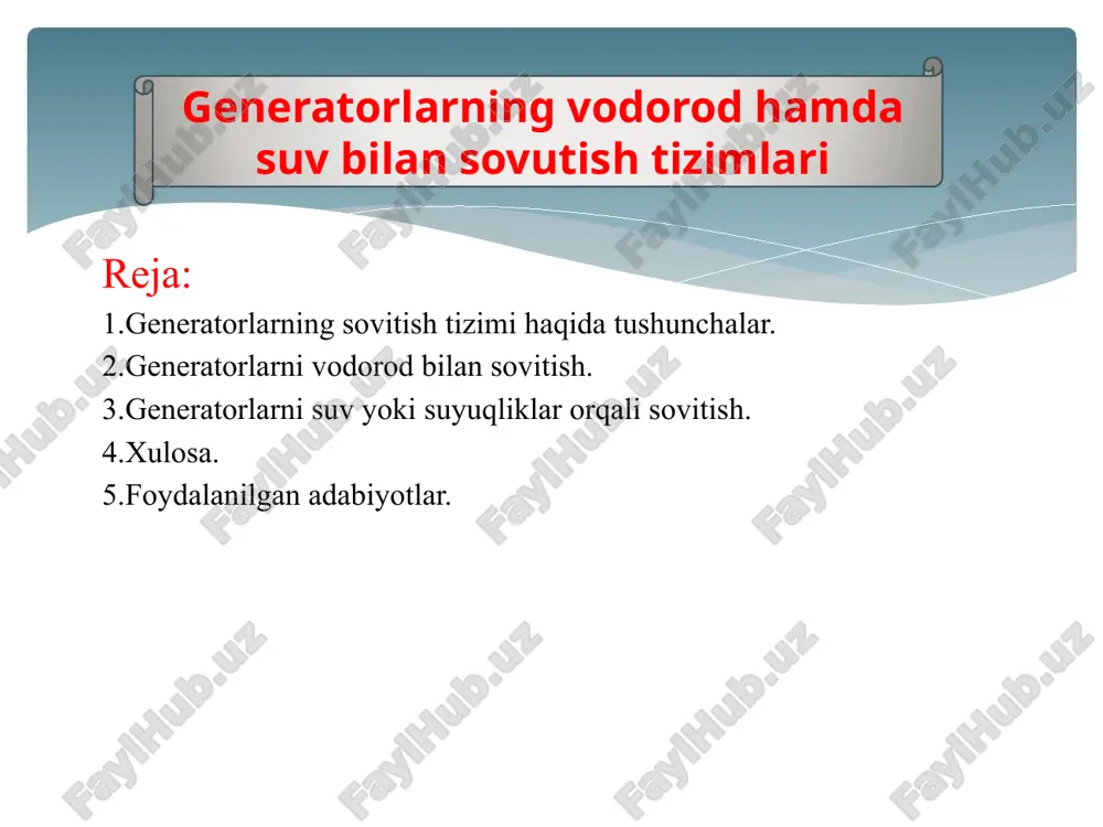 a) bo'lganda xuddi o'sha izolyasiya ancha sekin eskiradi va xizmat qilish muddati ortib, 30 yilgacha boradi. shuning uchun ishlatish vaqtida generatorning ishlash rejimini qanday bo'lishidan kat'i nazar, uning chulg'amlari qizish temperaturasining ruxsat etilgan qiymatlardan ortishiga yo'l ko'ymaslik shart. qizish temperaturasi ruxsat etilgan qiymatlardan ortmasligi uchun elektr stansiyalaraing hamma generatorlari sun'iy sovitiladigan qilib tayyorlanadi. stator va rotorning qizigan chulg'amlaridan issiqlikni olib ketish usuliga karab bilvosita va bevosita sovitish bo'ladi. bilvosita sovitishda rotor valiga o'rnatilgan ventilyator yordamida sovituvchi gaz (havo yoki vodorod) generator ichiga yuboriladi va havo oralig'i, hamda ventilyasiya kanallari orqali haydaladi. bunda sovituvchi gaz stator va rotorning chulg'amlarining o'tkazgichlariga tegmay o'tadi va ular ajratayotgan issiqlik gazga katta «issiqlik to'sig'i» - chulg'amlarning izolyasiyasi orqali o'tadi. bevosita sovitishda sovituvchi modda (gaz yoki suyuqlik) izolyasiya va tishlarning po'latiga tegmasdan, generator chulg'amlari o'tkazgichlariga bevosita tegib o'tadi. gidrogenerator ventilyasi- yasis yopiq tizimi: 1-rotor; 2-stator; 3-havo sovutgich; 4-ventelyator parraklari; havo bilan sovitish. havo bilan sovitishning ikki …