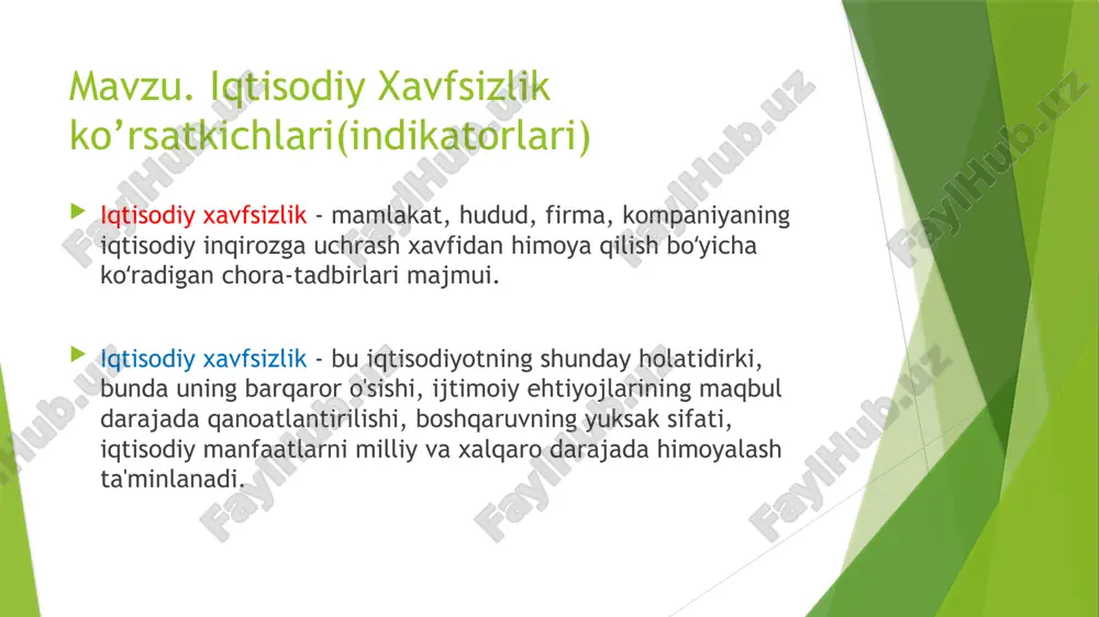 zlikning miqdoriy ko’rsatkichlari bo’yicha milliy manfaatlarni ta’minlash maqsadida ko’rsatkichlarning eng quyi yoki yuqori chegaralari aniqlanadi. hokimiyat institutlari tomonidan amalga oshiriladigan iqtisodiy xavfsizlik siyosati ko’rsatkichlarning barchasini me’yorida saqlab turishga qaratilishi kerak. iqtisodiy xavfsizlikning bir chegaraviy ko’rsatkichi boshqa shunday ko’rsatkichning yomonlashuvi hisobiga ta’minlanishi mumkin emas. davlat har bir konkret holatda xavfsizlik va iqtisodiy samaradorlikni uyg’unlashuvini ta’minlashga harakat qilishi kerak bo’ladi. ayni paytda qisqa davr oralig’ida foyda keltirishi mumkin bo’lgan ish, strategik jihatdan umuman foydasiz bo’lishi mumkin. o‘zbekistonning shht sammitidagi takliflari: iqtisodiy hamkorlik, oziq-ovqat xavfsizligi, o‘zaro bog‘liqlikni mustahkamlash toshkent shahrida davom etayotgan «markaziy va janubiy osiyo: mintaqaviy bog‘liqlik. tahdidlar va imkoniyatlar» mavzusidagi xalqaro konferensiyada prezident shavkat mirziyoyev bir qancha takliflarni ilgari surdi. istiklol yillari oʻzbekiston iqtisodiyotidagi tarkibiy siljishlar tufayli don mustaqilligiga erishildi, mamlakat ehtiyojining 90% oʻz doni bilan taʼminlandi (2002-yil). yoqilgʻi-energetika kompleksini rivojlantirish natijasida shu sohadagi talab-ehtiyojlarni ham, asosan, oʻz ishlab chiqarishi hisobidan qondirishga erishildi. e’tiboringiz uchun rahmat image1.jpeg image2.png image3.png image4.png image5.png …