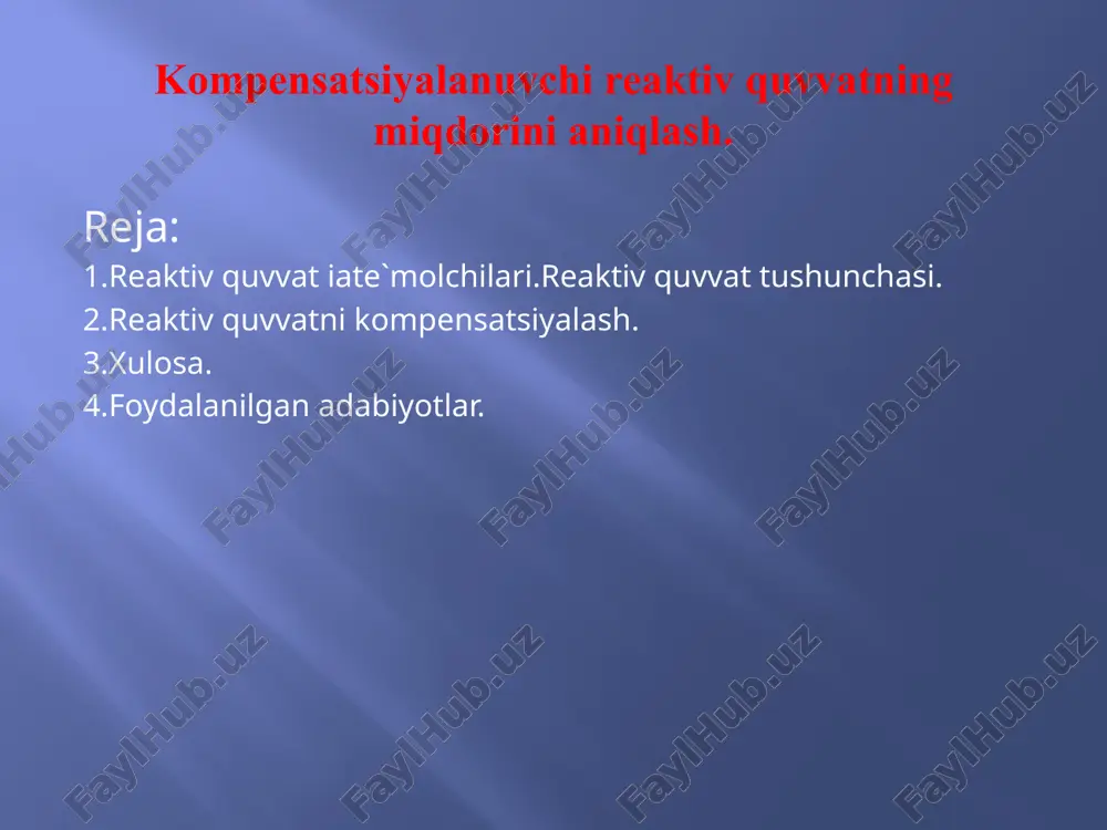 dagi integralining ifodasini topamiz: poʻrt.==iuquvvatning oʻrtacha miqdori foydali ish bajarish uchun sarf bo`ladi. iu bu yerda, - quvvat koeffitsienti; =q/p-reaktiv quvvat koeffitsienti. elektr ta’minoti tizimini loyihalashtirish jarayonida reaktiv quvvat koeffitsientining koʻrsatgichi bilan ishlash maqsadga muvofiqdir. korxonaning reaktiv quvvat koeffitsienti qanday boʻlishligini energosistema hal qiladi, chunki reaktiv quvvatni kompensatsiyalash masalasi toʻgʻri yechilganda iste’molchilar, liniyalar, elektr tarqatuvchi qurilmalar, transformatorlar, oʻzgartgichlar va generatorlarni oʻz ichiga olgan tizim ishining effektivligi ta’minlanadi. reaktiv quvvatni liniya va transformatorlar orqali uzatish elektr energiyasini qoʻshimcha nobudgarchiligiga, kuchlanish yoʻqotuvini oshishiga va ta’minot tizimiga ketadigan harajatlarni ortishiga olib keladi. 1. liniya va transformatorlardan reaktiv quvvat oʻtishi natijasida qoʻshimcha aktiv quvvat va energiya nobudgarchili sodir boʻladi. agar r qarshilikga ega boʻlgan liniya orqali p va q quvvatlari uzatilsa, aktiv quvvat nobugarchiligi quyidagicha aniqlanadi: reaktiv quvvatni kompensatsiyalash usullari. tabiiy va sun’iy usullari. korxona va sexlar boʻyicha tizimdan olinadigan reaktiv quvvat istexmolini kamaytirish uchun kuchlanishi 1000 vgacha va 1000 vdan yuqori kondensator batareyalari …