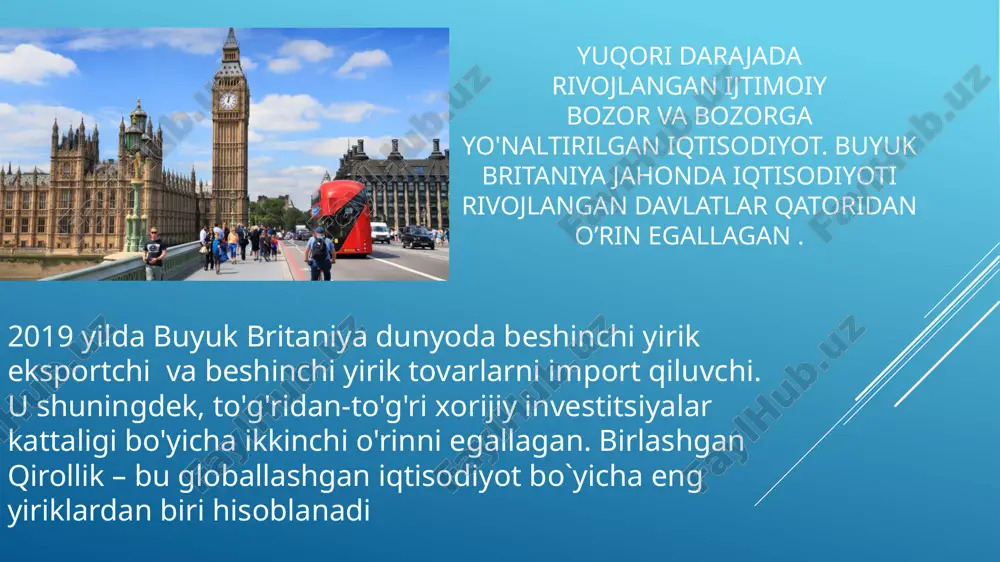 muammolarni keltirib chiqardi. birinchi jahon urushi va ikkinchi jahon urushida jang qilish xarajatlari buyuk britaniyaning nisbiy pozitsiyasini yanada zaiflashtirdi. 21-asrda buyuk britaniya butun dunyo bo'ylab kuch va ta'sir o'tkazish qobiliyatini saqlab qoladi. buyuk britaniyada katta foydali qazilmalar zaxiralari mavjud. ayniqsa, koʻmirga boy boʻlib, uning umumiy zaxirasi 189 mlrd.t. shu jumladan 45 mlrd.t. olinadigan koʻmirdir.uning konlari mamlakatning uchta janubiy va shimoliy irlandiyadan tashqari barcha iqtisodiy rayonlarida joylashgan. eng yiriklari uchta ko'mir havzalarida to'plangan: yorkshire va northumberland-durham, pennin tog'lari etaklarida va janubiy uels, uels tog'larining janubiy yonbag'rida. ko'pgina ko'mir havzalari dengiz qirg'oqlariga yaqin kelgan va ko'mirni osongina tashish mumkin edi. hozirgi vaqtda ko'mirning roli unchalik katta emas, uni qazib olish kamaydi, eng yaxshi qatlamlar ishlab chiqilgan, chuqur konlardan foydalanish foydasiz bo'lib qoldi. neft zaxiralari – 2 mlrd.t., tabiiy gaz – 2 trln. m3. ularning jadal rivojlanishi buyuk britaniyaning energiya ta'minotining umumiy bahosini o'zgartirdi va uni evropa ittifoqi hamkorlari bilan solishtirganda yanada qulayroq …