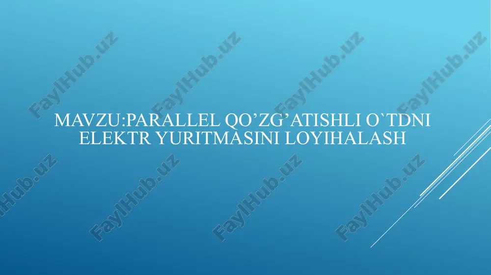 0,5 (1 – 0.82) (220/47)=0.42 [ om ] salt ishlash burchak tezligi hisoblanadi: ω0 = ωhu / (u-ihrya)=(78.5*220)/(220-33.5*0.61)=86.53[ rad/sek ] bu yerda: ωh = nh / 9,55=870/9.55=91,06[ rad/sek ] salt ishlash aylanish tezligi aniqlanadi: n0 = 9.55ω0=100,2*9.55=955,1ay/min nominal moment hisoblanadi: =8500/91,06=93,4n*m bu yerda, ωp – dvigatel yakoriga qo’shimcha rp = 6rya qarshilik qo’shilgandagi burchak tezlik quyidagicha hisoblanadi ωp = ω0 [ 1-(ih (r2+rp) / uh)] ωp=100,2*(1-(47*(0.42+2,52)/220))=38 [ rad/sek ] parallel qo’zg’atishli o’tdni tabiiy va sun’iy mexanik xarakteristikalari parallel qo'zg'atishli dvigatelni ishga tushirish xarakteristikasini hisoblash va qurish. dvigatelning tabiiy xarakteristikasini qurish qo’zg’atish tokining nominal qiymatini hisoblaymiz. ibh = uh / rsh=220/107=2,05 [ a ] yakorning nominal tokini aniqlaymiz: iyan= ibh - ih=47-2,05=44,95 [ a ] 4. nominal qarshilik qiymatini aniqlaymiz: rh =uh / iyan=220/44,95=4,89 [ om ] yoki nisbiy birliklarda dvigatel qarshiligi: ṙd = rd / rh=0,42/4,89=0.085 dvigatelni 4 pog’onali qarshilik orqali ishga tushadi deb qabul qilamiz: z = 4 λ …