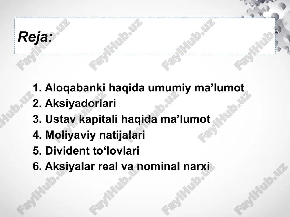 ar bozorini muvofiqlashtirish va rivojlantirish markazi tomonidan 2014 yilning 19 sentyabrida r0021-20-son bilan davlat ro'yxatiga olindi. aktsiyalar yangi chiqarilishi qarori va emissiya risolasidagi asosiy ma'lumotlar bank to'g'risidagi asosiy ma'lumotlar 1. bankning to'liq va qisqartirilgan nomi: o'zbek tilida kirill alifbosida: - aktsiyadorlik tijorat «aloqabank»;- at «aloqabank». o'zbek tilida lotin alifbosida: - aksiyadorlik tijorat «aloqabank»;- at«aloqabank». rus tilida: - aktsionerno-kommercheskiy «alokabank»;- ak «alokabank». ingliz tilida: - joint-stock commercial «aloqabank»;- jsc «aloqabank». aksiyalar real va nominal narxi bank ro'yxatdan o'tkazilgan sana va ro'yxat raqami (bank litsenziyasining raqami): - o'zbekiston respublikasi markaziy banki tomonidan 1995 yil 22 martda 48-raqam bilan davlat ro'yxatidan o'tgan. bank o'z faoliyatini o'zbekiston respublikasi markaziy banki tomonidan 2014 yil 4 avgustda berilgan 48-sonli bank amaliyotlarini amalga oshirish litsenziyasi asosida olib bormoqda. bankning o'zbekiston respublikasi markaziy bankidagi vakillik hisobvarag'i raqami: - h/r: 10301000100000401001, bank kodi 00401, at «aloqabank»ning amaliyot boshqarmasi. bank rahbarining familiyasi, ismi, sharifi: - irisbekova kammuna narinbaevna. bank bosh …