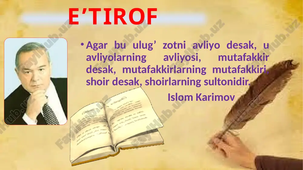 s, olim,tazkirachi,lug`atshunos,tarixchi sifatida yozgan asarlari: 1.ilk devon 1465-1466 2.badoe ul-bidoya 1472-1476 3.navodir un-nihoya 1476-1483 4.xazoyin ul-maoniy 1490 5.devoni foniy ,,xamsa’’ asari 1483-1485 nasoyim ul muhabbat lison ut-tayr munshaot mahbub ul-qulub tarixi mulki ajam, tarixi anbiyo va hukamo, mezon ul-avzon majolis un-nafois sab`atu abhur, muhokamat ul-lug`atayn 1469-yilda alisher navoiy hirotga qaytdi. husayn boyqaro uni muhrdorlik mansabiga tayinladi. 1472-yil husayn boyqaro alisher navoiyni bosh vazir qilib tayinladi. unga ,,amiri kabir’’unvonini berdi. 1480-yillar davomida alisher navoiyning bunyodkorligi. hirot va mamlakatning boshqa shaharlarida bir necha madrasa, 40 ta robot, 17 masjid, 10 xonaqoh, 9 ta hamom, 9 ta ko`prik, 20 ga yaqin hovuz qurgan yoki ta`mirlattirgan. ular orasida hirotdagi ixlosiya, nizomiya , marvdagi xusraviya madrasalari, shifoiya tibgohi, qur`on tilovat qiluvchilarga mo`ljallangan ,,dorul-huffoz’’ binosi bor. saroy a`yonlari shoir va podshoh orasida nifoq solishga urinadilar.1487-yilda husayn boyqaro navoiyni vazirlikdan bo`shatib astrobotga hokim qilib tayinlaydi. navoiy hokimlik qilgan 2 yil davomida astrabod shahri obodonlashib, qo`shni davlatlar bilan …