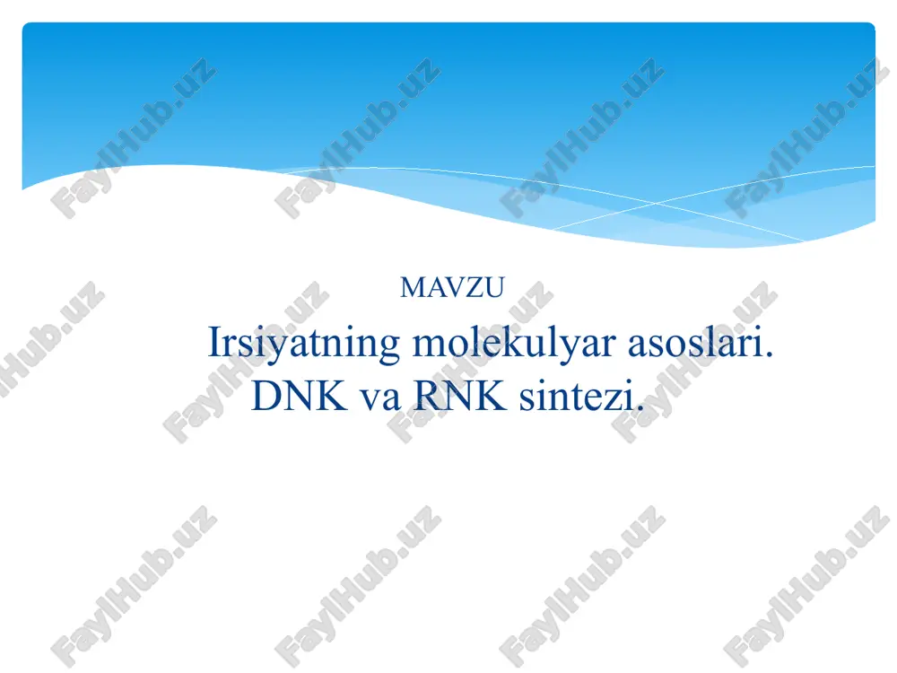 sitozinning soniga doimo toʼgʼri kelishligini aniqladi 1950 yillarda m.uilkins dnk molekulasini rentgen nuri yordamida tekshirib, murakkab matematik usullar bilan hisoblashlardan keyin dnk molekulasining fazoviy rentgenogrammasini oldi 1953 yili genetiklar dj.uotson va f.krik rentgen nuri yordamida kimyoviy va matematik usulda, olingan dnk chizmasini (modelni) yaratdilar. bakteriya hujayrasidagi dnk molekulasining uzunligi 1 smga teng boʼlsa, odam tana hujayrasi dnk molekulasining uzunligi esa 1 m dan oshadi. 1889 yili r.altmann nuklein kislotasi degan terminni fanga kiritdi va nuklein tarkibini koʼrsatdi. 1930 yillarga kelib besh atomli uglerodi boʼlgan uglevodlarning nuklein kislotasining tuzilishidagi oʼrni va nuklein kislotasi tarkibidagi bir guruh uglevodlarda bitta atom kislorod kam boʼlishligi aniqlandi. p.levin shu guruhga kiruvchi uglevodni dezoksiriboza, ikkinchisini esa riboza deb atadi dnk ning kimyoviy tuzilishi shundan keyin nuklein kislotalar dezoksiribonuklein (dnk) va ribonuklein (rnk) kislotalari deb ataladigan boʼldi. riboza molekulasida uglerodga oh guruhi, dezoksiribozada esa h atomi bogʼlanadi. dnk va rnk bir- biridan azotli asoslari bilan ham farq …
