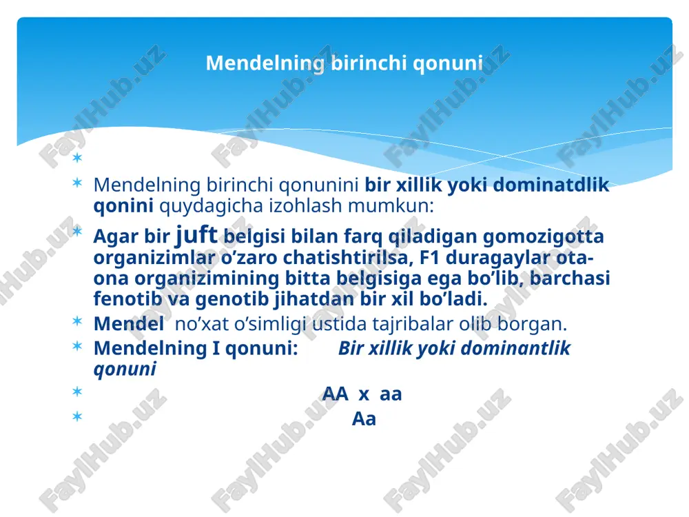 ining rangi:{aa}-qo’ng’r rangli, {aa}-novot rangli, {aa}-oq rangini yuzaga chiqaradi. nomodshom gulning gultoji barglarining rangi ham chala dominatlikka misol bo’ladi. {aa}- qizil, {aa}-pushti, {aa}-oq rangli bo’ladi. odam soch tolasining {aa}- jingalak, { aa}-taram taram yoki to’lqinsimon, { aa }-silliq holda irsiylanadi. oraliq irsiylanish quydagi organizimlarga hos:qulupnay mevasini rangi, andaluz tovuqlarining pat rangi, bundan tashqari odamdagi biyokimyoviy jarayonlar ham oraliq holda irsiylanadi.!!! alel bo’lmagan yani (noalel) genlarning o’zaro ta’siriga belgilarning rivojlanishi!!! ikki yoki undan ortiq genlarning bir belgini rivojlanishiga ko’rsatadigan tasiri uch tipga ajratiladi 1){komplemental} 2){epistaz} 3){polimer.} komplemental irsiylanish: kompilemental so’zining manosi – lotinchada to’ldiruvchi degan ma’noni anglatadi. kompelemental irsiylanishda ikki va undan ortiq alel bo’lmagan genlar o’zaro o’zaro tasiri natijasida ota onada yo’q belgilarning rivojlanishini tamin etuvchi genlar kompilemental tasir deyiladi. . kompilemental irsiylanishda f2 avlodda belgilarning ajralishi: fen: {9:7}, {9:6:1}, {9:3:4}, {9:3:3:1} nisbatlarda bo’ladi. gen: { 1:2:2:4:1:2:1:2:1} nisbatda bo’ladi. osh qovoqdaning mevasining shakli komelemental irsiylanadi- {aabb,aabb, yoki aabb,aabb } genotipli …