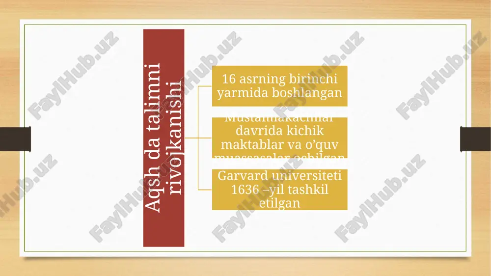 ini o'rgatgan progressiv ta'lim oqimidan kelib chiqdi. boshlang'ich maktab bu yerda oʻn bir yoshdan oʻn ikki yoshdan oʻn toʻrt yoshgacha boʻlgan maktab oʻquvchilari tahsil olishadi. har bir o'qituvchifanidan dars beradi. o'quv dasturiga ingliz tili, matematika, ijtimoiy va tabiiy fanlar, jismoniy tarbiya kiradi. shuningdek, bolalar mustaqil ravishda o'zlari uchun yana bir yoki ikkita sinfni tanlashlari mumkin: qoida tariqasida, bular san'at, xorijiy tillar va texnologiyalar sohasidagi fanlardir. o'rta maktabda o'quvchilar oqimlarga bo'linishni boshlaydilar: oddiy va ilg'or. yaxshi o'qigan bolalar "faxriy" sinflarga boradilar, ularda barcha materiallar tezroq bajariladi va o'rganish uchun talablar kuchayadi. biroq, amerika qo'shma shtatlarida bunday maktab ta'limi hozir tanqid qilinmoqda: ko'pchilik mutaxassislarning fikricha, yaxshi o'qigan va qoloq o'quvchilarning bir-biridan ajralishi ikkinchisiga yetib borishiga turtki bermaydi. oliy maktab bu oʻrta taʼlimning soʻnggi bosqichi, jumladan, 9-12-sinflardagi taʼlim. o'rta maktabda o'quvchilarga o'qish uchun fan tanlashda ko'proq erkinlik beriladi. bitiruv uchun maktab kengashi tomonidan minimal talablar qo‘yiladi. oliy maktab mamlakatda 4,5 mingga yaqin oliy …