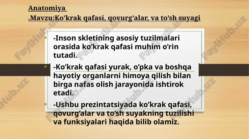 olish**-qovurg’alar va ko’krak qafasi nafas olishda harakatlanib, o’pkaning kengayishiga yordam beradi. -**harakatlanish**-qovurg’alar nafas olish jarayonida pastga va yuqoriga harakat qiladi. ko’krak qafasida kasalliklar va shikastlanishlar: -**qovurg’alarning sinishi**-qovurg’alarning sinishi natijasida nafas olish qiyinlashishi mumkin. -**to’sh suyagi kasalliklari**-to’sh suyagi bilan bog’liq bo’lgan rivojlanish nuqsonlari yoki shikastlanishlar. -**tibbiy yordam**-og’ir holatlarda mutaxasis yordamiga extiyoj tug’iladi. xulosa: -ko’krak qafasi va qovurg’alar inson tanasining muhim qismlaridan biri bo’lib, nafas olish va organlarni himoya qilish kabi bir nechta vazifalarni bajaradi. -to’sh suyak va qovurg’alar bigalikda ko’krak qafasining asosiy tayanch strykturasini tashkil etadi. etiboringiz uchun raxmat image7.jpeg image8.jpeg image5.png image6.png image9.png image10.jpeg image11.jpeg image12.png image13.jpeg image3.png image4.png /docprops/thumbnail.jpeg