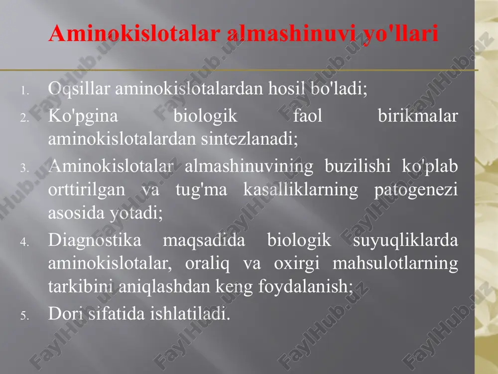 (ph) glitsin gly 5.97 alanin ala 6.02 valin val 5.97 leytsin leu 5.98 prolin pro 6.10 fenilalanin phe 5.88 triptofan try 5.88 aminokislotalarning olinish usullari shtekker – zelinskiy sintezi. aminokislotalarning olinish usullari malon kislotaning bromlanishi natijasida. aminokislotalarning kimyoviy xossasi sifat raksiyasi biuret reaksiyasi ( mis (ii) gidroksidi bilancu(oh)2 ) ningidrin reaksiyasi. aminokislotalarning kimyoviy xossasi sifat reaksiyasi ksantoprotein reaksiyasi pepsinogen peptid pepsin oligopeptidlar oshqozon rn 1,5 – 2,0 hci pepsin oqsil h2n sh s nh glu asp tir fen sh r s o o soon oqsillarni parchalanishi (oshqozon) 12 protein hazm qilinishi (ingichka ichak) tripsinogen peptid tripsin enteropeptidaza (sekin) tripsin(tez) peptid peptid peptid ximotripsin karboksipep- tidaza a, v ximotripsinogen prokarboks -peptidaza a, b elastaza proelastaza ichakdagi oqsillarni parchalanishi oqsil aminokislotalar dipeptidlar tripeptidlar aminokislotalar shlak aminopeptidaza dipeptidaza tripeptidaza h2n ch – c – nh – ch – c – nh – ch – c – nh – ch – c – nh …