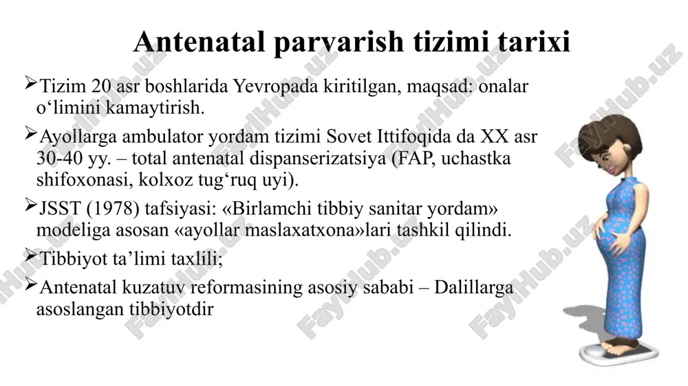 b shartli tavsiyalar (ko`rib chiqilgan barcha samaradorlik mezonlari muhim emas, barcha tadqiqotlar yuqori va qoniqarli uslubiy sifatga ega emas yoki qiziqish natijalari bo`yicha ularning xulosalari kelishilgan emas) c kuchsiz tavsiyalar(yetarlicha sifatli dalillarning yetishmasligi, ko`rib chiqilgan samaradorlikning barcha mezonlari muhim emas, barcha tadqiqotlar uslubiy jihatdan past va qiziqish natijalari bo`yicha ularning xulosalari kelishilgan emas) jsst tadqiqotlariga asosan homiladorning fiziologik kechishida – shifokorga tashriflar soni: shifokorga har bir tashrif – asosli va samarali bo‘lishi shart! yevrosoyuz davlatlarida – 4-30 ta, o‘rtacha 12 ta rossiyada-8ta kubada-4ta o‘zbekiston respublikasi sog‘liqni saqlash vazirligi tomonidan 2012 yil 18 mayda 137-sonli “birlamchi tibbiy-sanitar yordam muassasalarida homiladorlarga tibbiy yordam ko‘rsatish, antenatal parvarishni ta’minlash va tashkillashtirish to‘g‘risida”gi buyrug‘iga asosan homiladorlarga tibbiy yordam ko‘rsatish sifatini oshirish onalar salomatligini mustahkamlash onalar va bolalar o‘limini kamaytirish antenatal parvarish birlamchi tibbiy-sanitariya yordami muassasalari (btsyo)da o‘tkaziladi: qvp, qop, op, ko‘p tarmoqli markaziy tuman poliklinikalarida; btsyo muassasalarida antenatal parvarishni uash, doya, tibbiy patronaj hamshirasi amalga …