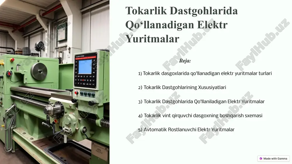 ishi natijasida pog‘onalar aro intervaldagi tezlik (35) diapazonda ravon rostlanadi. tokarlik dastgohlarining xususiyatlari tokarlik dastgohlari metall, yog‘och, plastmassa va boshqa materiallardan turli shakl va o‘lchamdagi buyumlarni ishlab chiqarishda qo‘llaniladi. ularning asosiy xususiyatlariga aylanish tezligi, kesish chuqurligi, ishlov beriladigan materialning o‘lchamlari, dastgohning kuchlanishi va boshqalar kiradi. asosiy xususiyatlar aylanish tezligi kesish chuqurligi material o‘lchamlari qo‘llanilishi tokarlik dastgohlari metall, yog‘och, plastmassa va boshqa materiallardan turli shakl va o‘lchamdagi buyumlarni ishlab chiqarishda qo‘llaniladi. 5 tokarlik dastgohlarida qo‘llaniladigan elektr yuritmalar tokarlik dastgohlarida qo‘llaniladigan elektr yuritmalar turli xil bo‘lib, ularning tanlovi dastgohning turlariga, ishlov beriladigan materialga va ishlov berish jarayonining xususiyatlariga bog‘liq. o’zgarmas tokli o’zgarmas tokli elektr yuritmalar odatda past kuchlanishli dastgohlarda qo‘llaniladi va ular oddiyroq qurilmaga ega. o’zgaruvchan tokli (ac) o’zgaruvchan tokli elektr yuritmalar yuqori kuchlanishli dastgohlarda qo‘llaniladi va ular yuqori quvvatga ega. punkt-kontaktli punkt-kontaktli elektr yuritmalar harakatni aniq va silliq tarzda uzatish uchun qo‘llaniladi va ular dastgohning aniqligiga yaxshi ta‘sir qiladi. masofaviy boshqariladigan …