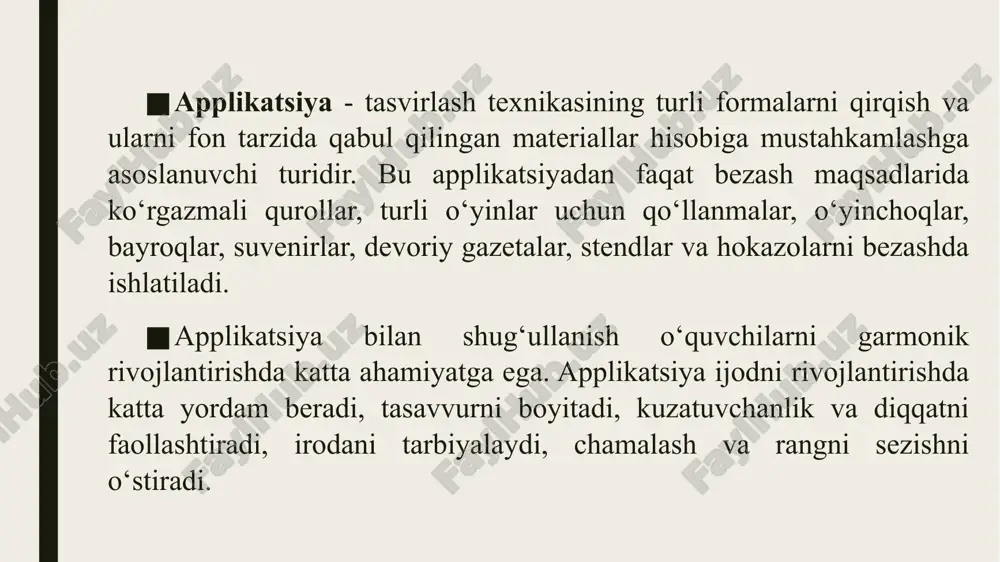elementlar miqdori qog‘ozni tanlashni belgilaydi. tasvir ustida ishlanganda asosiy e’tibor tanlangan mavzuning mazmuniga, kerakli materiallar, ularning o‘lchamlari, ranglarini tanlashga qaratiladi. tasvir hajmiga ko‘ra eng katta element asosiy tematik element bo‘lishi kerak. namuna tariqasida 1-sinf o'quvchilari 8-mart uchun tabriknoma yasashlari mumkin. bu ishda bolalar andoza bilan ishlaydilar, taxlash va simmetrik qirqishni eslaydilar, chamalash ko‘nikmalarini sinaydilar va rangli qog‘ozdan ingichka oq va sariq to‘g‘ri chiziqlarni qirqadilar. quyosh uchun kvadrat qog‘ozdan doira qirqsa bo‘ladi. bolalar yasagan gullar turlicha bo‘lishi mumkin. novdalar ham qo‘lda qirqiladi. suhbatni o’qituvchi “8-mart kuni” haqida olib boradi va bunda sovg‘a masalasini eslatib o'tadi. eng yaxshi sovg‘a o‘z qo‘li bilan yasagan sovg‘adir. suhbat mehribon buvijonlarimiz, onajonlarimiz opa-singillarimiz haqida bo‘lishi mumkin. shundan keyin namuna ko‘rib chiqiladi, uning elementlari, ish usullari, kerakli materiallar aniqlanadi va ishning borishi belgilanadi. 1. tabriknoma uchun rangli qog‘oz tayyorlanib, u ikkiga buklanadi; 2. ko‘k rangdagi qog‘ozga to‘g‘ri burchak chiziladi, uning o‘lchami uzunasiga, tabriknoma ustining uzunligidan 1 sm …