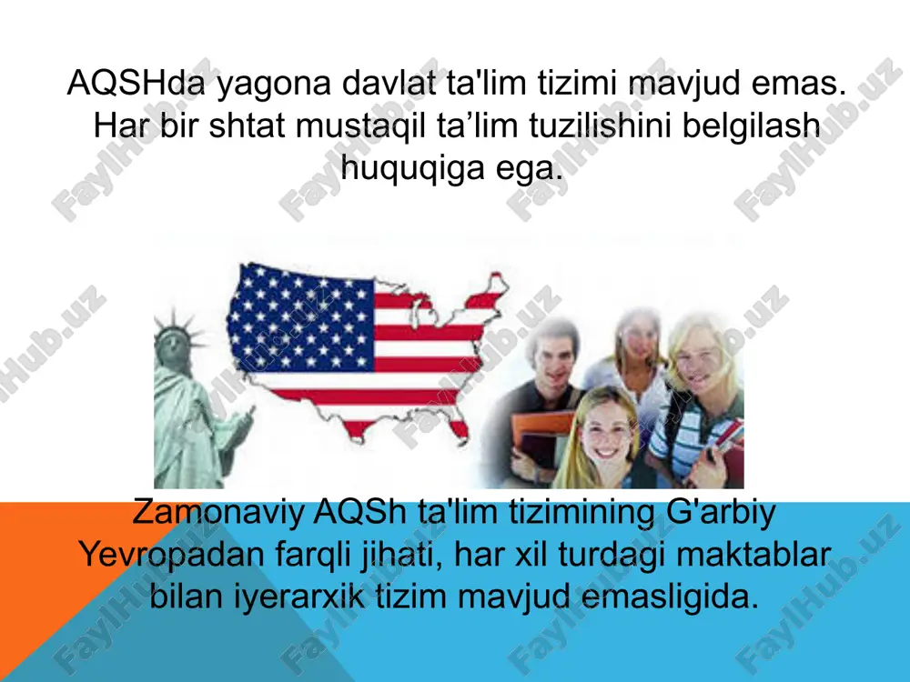 ellekt testlari. haftada bir marta yoki undan ko'p, ba'zan esa semestrda 2-3 marta (o'qituvchining qarori bilan) sinf ichidagi nazorat testlari belgilanadi. a –o’quvchilarning 15% - doimo yuqori darajadagi tayyorgarlik, chuqur bilim va ijodiy yondashuv (a’lo). b- 25% - bu o'rta darajadan yuqori daraja (yaxshi). c – o’quvchilarning 35% - topshiriqlar bajarilganligining o'rta darajasi (o'rta). d – o’quvchilarning 15% - minimal bilim darajasi (past). f- o’quvchilarning 10% - qoniqarsiz natijalar yoki o'quv materialini to'liq bilmaslik. e’tiboringiz uchun rahmat! image6.jpeg image7.jpeg image8.jpeg image9.jpeg image10.jpeg image11.jpeg image12.jpeg image13.jpeg image14.jpeg image15.jpeg image16.jpeg image17.jpeg image1.png image2.png image3.png