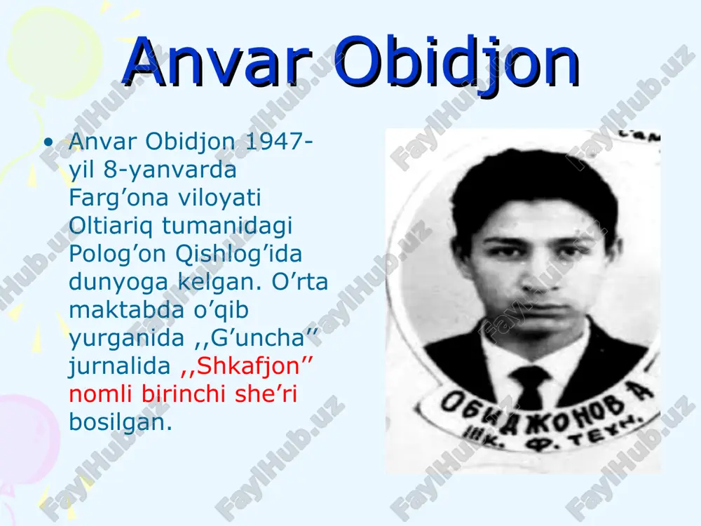 anj, qo’rqoqni… paq-puq. kalamushlar kemasida ostki qismim yemangiz, cho’kib ketar kemangiz. burgutlar darsi tutdik to’rtta qarqunoq, yarmin yedik juftmi toq. maymunlar televizorda ko’rsatamiz bananni, yalamanglar ekranni. parvarda tug’ilgandi bo’richa sakkizinchi yanvarda. bugun bir yil to’libdi, adashmasa agarda. va’da qildi oyisi unga quyon go’shtini. va’da qildi dadasi, unga kiyik to’shtini. bilmasa ham yosh bo’ri dunyoning keng-torligin, eshitgandi dunyoda- shirinliklar borligin. injiqlandi u birdan: sovg’a qiling pavarda, hech bo’lmasa yeb ko’ray sakkizinchi yanvarda. taskin berdi oyisi: bolam adir do’konmas. dadasi der: shaharga borib kelmoq osonmas. fursat poylab erkatoy, chiqdiyu g’or uyidan, shahar tomon yugurdi chopqir anhor bo’yidan. chiroqlarga angrayib, tushib borgan choq pastga, uni ushlab shaharda qamadilar qafasga. endi uni yosh qari qilar har kun tomosha, u termilar adirga, baland, baland tom osha. …yillar o’tib oradan, sakkizinchi yanvarda, bir qiz yuvvosh bo’riga tashlab o’tdi parvarda. jo’ja yorib chiqdim tuxumni, shunday shovvoz jo’jaman, tanib oldim buvimni, ko’zi charos jo’jaman. qarang dunyo yop-yorug’, opalarim …