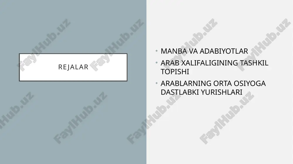 bo‘lib, mamlakat iqtisodiy yo‘nalishida yuqoridagi salbiy holatlar katta zarar etkazar edi. yuqoridagi vaziyat ham turli tabaqa, toifa kishilarining o‘zaro hamjihatlikka yagona, kuchli davlat atrofiga birlashishga chaqirar edi. aholi ichida ko‘p xudolik-butparastlik urf edi (xususan ka’bada 360 ta but bo‘lib, ularning eng yiriklari hubal va lut bo‘lgan). arab xalifaligining tashkil topishi shunday vaziyatda islom to‘g‘ri va haq yo‘lni ko‘rsatuvchi din sifatida yuzaga keldi. islom-bu alloh yagona deb e’tirof etib, unga bo‘ysunmoqlik va butun qalbi bilan unga ixlos qilmoqlik hamda alloh buyurgan diniy e’tiqodga iymon keltirmoqlik demakdir. islom “itoat”, “bo‘ysunish” ma’nolarini bildiradi. bu dinning asoschisi muhammad payg‘ambar (s.a.v.) (570-632) makkalik abdullohning o‘g‘li bo‘lgan. uning bobosi abumutallib quraysh qabilasining boshlig‘i bo‘lgan. muhammad payg‘ambarning ta’limotiga ergashganlarni “muslim” («musulmon»), ya’ni “itoatkorlar” deb yuritganlar. o‘z payg‘ambarlik faoliyatini muhammad makkada boshlagan. makka arabiston yarim orolining g‘arbiy qismidagi hijoz viloyatida joylashgan shahar bo‘lib, bu yerda ka’ba joylashgan edi. diniy ta’limotga ko‘ra ka’bani odam ato barpo qilgan bo‘lib, uni …