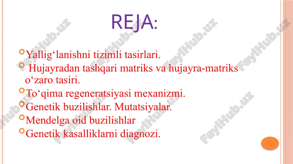 amlangan, irsiyatni belgilovchi materiallar to‘plami. inson genomi tushinchasini 1920 yil gans vinkler kiritgan va u organizmning genlar va xromasomalar to‘plami hisoblanadi. genetika so‘zi 1912 yilda paydo bo‘lgan va u biologiyaning alohida qismi sifatida qabul qilingan. gen dnkning alohida qismi. har bir gen inson tanasi qismi yoki belgisiga javobgar: bo‘yi, ko‘z rangi va boshq. inson organizmida o‘rtacha 28 000 gen mavjud. tananing bitta belgisiga bir nechta genlar javobgar bo‘lishi mumkin. masalan: bo‘y 16ta genga bog‘liq. ko‘z rangi 2ta gen bilan boshqariladi, ulardan jigar rang ko‘z geni dominant. dnk o‘lchamlari dnk molekula qalinligi 2 nm dnk har bir o‘rama uzunligi 3,4 nm har bir o‘ramada 10 juft nukletidlar joylashgan har bir nukleotidning o‘rtacha uzunligi 0,34 nm dnk nasliy ma’lumotlarni bir avloddan keyingi avlodga o‘tkazadi gen va xromasoma mutatsiyalar turlari: deletsiya – bu gen yoki xromasoma bir qismining yo‘qolishi inversiya – gen yoki xromasoma qismlarining 180° ga aylanib qolishi dublikatsiya – gen yoki …