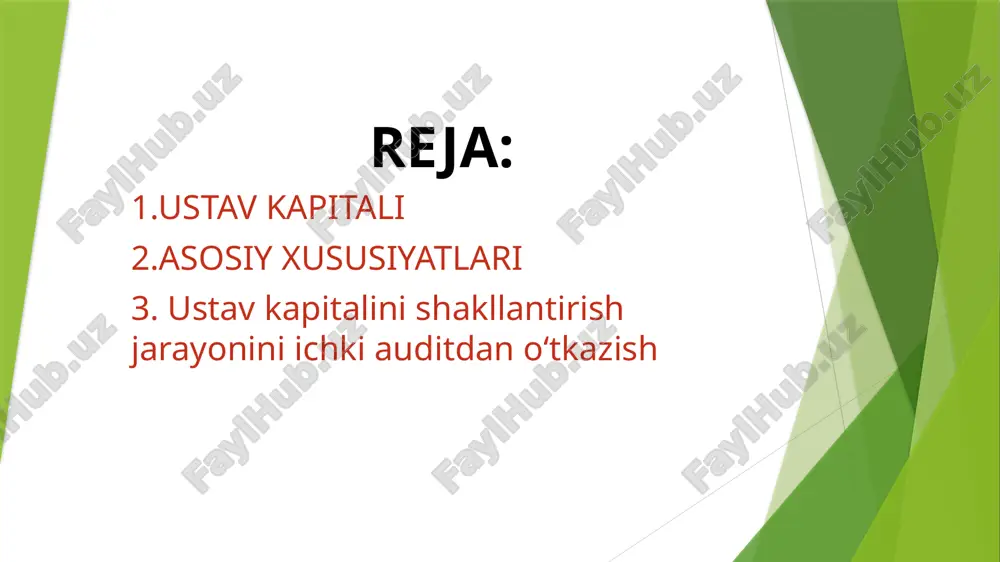 alablariga muvofiqlini ta’minlash: shakllantirilgan kapitalning mamlakat qonunlariga mos kelishini tasdiqlash. 3. moliyaviy hisobotlarning ishonchliligini tekshirish: ustav kapitalining moliyaviy hisobotlarda to‘g‘ri aks ettirilishini nazorat qilish. 4. korxona manfaatdor tomonlarining huquqlarini himoya qilish: aksiyadorlar va kreditorlarning huquqlariga rioya qilinishini ta’minlash. ichki auditning asosiy bosqichlari 1. tayyorlanish bosqichi audit rejasi tuzish: ustav kapitalini shakllantirish jarayonida qaysi yo‘nalishlar tekshirilishini belgilab olish. audit jamoasini shakllantirish: tajribali auditorlarni jalb qilish va vazifalarni taqsimlash. 2. ma’lumotlarni yig‘ish ta'sis hujjatlari tahlili: kompaniyaning ustav kapitalini shakllantirishga oid barcha hujjatlar, jumladan, ta’sis shartnomasi va nizomni tekshirish. qo‘yilgan hissalar haqida ma’lumotlar: aksiyadorlar yoki ta’sischilar tomonidan qo‘yilgan mablag‘lar va aktivlarning ro‘yxatini olish. 3. qo‘yilgan hissalarning baholanishi moliyaviy aktivlar: pul mablag‘lari, qimmatbaho qog‘ozlar va boshqalar to‘g‘ri baholanganmi va ustav kapitaliga kiritilganmi? moddiy va nomoddiy aktivlar: ularning qiymati va ularning kapitalga qo‘shilishi qonuniy hujjatlar bilan tasdiqlanganmi? 4. hisob-kitoblar va balansni tekshirish kompaniyaning moliyaviy hisobotlarida ustav kapitali to‘g‘ri aks ettirilganmi va bu hisob-kitoblar tashqi auditorlar …