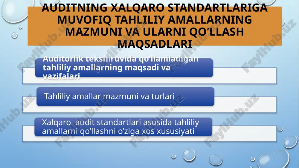 ’rinib turibdiki, auditor xulosasida bayon etilgan fikr har doim ham mutlaqo to’g’ri bo’lishi mumkin emas. ammo, deyarli hamma vaqt axborotdan foydalanuvchilar uchun foydali bo’lishi lozim. bunday foydalilikning ta’minlanishi ma’lum darajadagi mijoz tashkilotni jiddiylik bilan ularni to’g’ri baholashni talab etadi. auditorlik tekshiruvni rejalashtirish tekshiriladigan korxona faoliyatini 9 batafsil o’rganishdan boshlanadi. auditor korxona faoliyatini o’rganishdan ikkita maqsadni ko’zlaydi: a) audit o’tkazishni osonlashtirish va sifatini oshirish; b) tekshiriladigan korxona iqtisodini yaxshilashga qaratilgan amaliy maslahat yordami ko’rsatish. buning uchun korxona faoliyatiga ta’sir qiladigan ichki hamda tashqi omillar haqida ma’lumotlarni to’plash zarur. auditor birinchi navbatda e’tibor berish lozim bo’lgan, korxona iqtisodiga ta’sir qiladigan ichki omillarga quyidagilar kiradi: mulkchilik shakli va boshqaruv tuzulmasi, korxonaning qanday maqsadda tashkil etilganligi, korxona faoliyatida amalga oshiriladigan asosiy muomalalar, moliyasi, xodimlari, hisob yuritish siyosati, korxonaning uchinchi shaxslar bilan o’zaro munosabatlari. tekshiriladigan korxonaning maqsadlarini tahlil qilish, uning muomalalarini yaxshi tushunishga imkon berib, tekshiriladigan hisobot haqida to’g’ri fikr shaklllantirilishi uchun zarurdir. tahliliy tartib-taomillar …