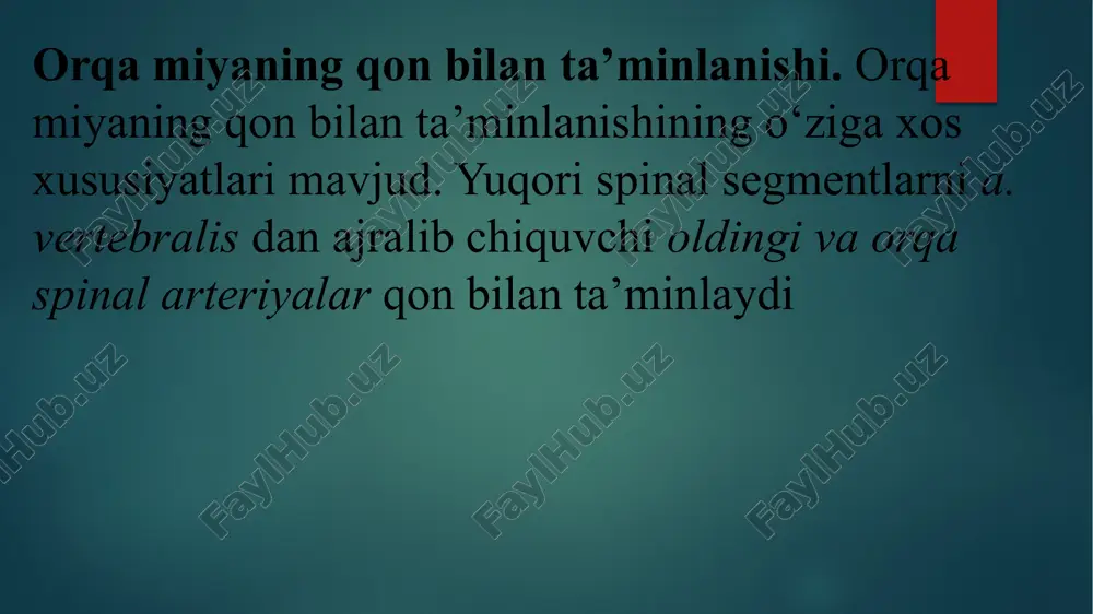 lar proeksiyasida joylashgan oldingi yirik radikulomedullyar arteriya adamkevich arteriyasi deb aytiladi. adamkevich arteriyasi umurtqa kanaliga th9–th11 yoki th12 spinal ildizchalar bilan birgalikda kiradi. adamkevich arteriyasining spinal segmentlarga nisbatan topografiyasi turlicha. uning umurtqa kanaliga kirish joyi ba’zi odamlarda l2–l5 spinal ildizchalar proeksiyasiga to‘g‘ri keladi. shuningdek, pastki qo‘shimcha radikulomedullyar arteriya ham mavjud bo‘lib, u epikonus va konusni qon bilan ta’minlaydi. har bir radikulomedullyar arteriya orqa miyaga yaqinlashgach, yuqoriga ko‘tariluvchi va pastga yo‘naluvchi tarmoqlarga ajraladi. ular boshqa radikulomedullyar arteriyalarning xuddi shunday tarmoqlari bilan anastomoz hosil qilishadi. bu arteriyalarning qo‘shilishi natijasida orqa miyaning old va orqa tomoni bo‘ylab uzunasiga ketgan arterial anastomotik trakt hosil bo‘ladi. oldingi spinal anastomotik trakt oldingi spinal arteriya, orqa spinal anastomotik trakt orqa spinal arteriya deb ataladi. ulardan chiqqan tarmoqlar orqa miyaning oldingi va orqa yuzasini qon bilan ta’minlaydi. orqa miyada qon aylanishining o‘tkir va surunkali buzilishlari etiologiyasi va patogenezi. orqa miyada qon aylanishining o‘tkir va surunkali buzilishlariga sabab bo‘luvchi …