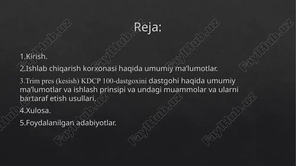 asini bunday afzalliklari uni keng soxada qo‘llanishiga olib keldi. elektr energiyasidan iqtisodiyotning barcha sohalarida (sanoat, transport, qishloq xo‘jaligi va kundalik turmushda) foydalanilmoqda. shuning uchun ham unga bo‘lgan talab to‘xtovsiz ortib bormoqda. ishlab chiqarish korxonasi haqida umumiy maʼlumotlar. mas’uliyati cheklangan jamiyat shaklidagi “uz-hanwoo” uzbekiston koreya qo‘shma korxonasiga, janubiy koreyaning «hanwoo global so.ltd» va «uzavtosanoat» aksiyadorlik kompaniyasi 2009 yil sentyabr oyida asos solingan. masʼuliyat cheklangan jamiyat shaklidagi “uz-hanwoo” koʻrinishdagi korxonasi oʻzbekiston respublikasi prezidentining 2009-yil 28-oktabrdagi pp-1213 raqamli buyrug‘iga asosan tashkil qilingan (oʻzbekiston respublikasining 2010 yilgi dasturiga kiritilgan.“uz-hanwoo” qo‘shma korxonasi o‘zbekistonda ishlab chiqarilayotgan avtomobillar uchun shovqin to‘sgich qismlar yetkazib beruvchi yagona korxona hisoblanadi. yillik ishlab chiqarish kuchi 320 000 komplektni tashkil etish. “uz-hanwoo” gm uzbekistan kompaniyasining sertifikatlangan ta’minoti uchun hisobot beriladi. korxona xozirgi kunda, damas, spark, nexia r3, gentra, cobalt, onixlar uchun 48 xil shovqin to‘sqishlar yetkazib bermoqda. bundan tashqari, korxonada ikkilamchi bozorda sotish uchun avtoservislar va mahallaliy tadbirlarkorlar uchun ham maxsulot yetkazib …