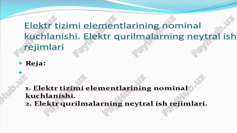ga chidamlilik: neytral rejimlar bir fazaviy yerga qochish holatlarida tizimning uzilishsiz ishlashini kafolatlaydi. energiya samaradorligi: neytral ish rejimlarida energiya isrofi va yo'qotishlar kamayadi, bu tizimning samaradorligini oshiradi. 7 neytral ish rejimlarining ustunliklari xavfsizlik: neytral ish rejimlari tizimni yerga qochish oqimlaridan himoya qiladi, bu esa xavfsizlikni oshiradi. barqarorlik: neytral ish rejimlari kuchlanish o'zgarishlarini cheklaydi va elektr tizimining barqaror ishlashini ta'minlaydi. uzilishga chidamlilik: neytral ish rejimlari atrofda sodir bo'lishi mumkin bo'lgan bir fazaviy yerga qochishlar holatlarida tizimning uzluksiz ishlashini kafolatlaydi. energiya samaradorligi: neytral ish rejimlarida energiya isrofi va yo'qotishlar kamayadi, bu esa tizimning samaradorligini oshiradi. 9 neytral ish rejimlarining kamchiliklari neytral ish rejimlarida kuchlanish ko'tarilishi yoki pasayib ketishi sodir bo'lishi mumkin. ayrim holatlarda neytral bo'yicha yerga qochish oqimlarining katta bo'lishi mumkin, bu esa xavfsizlik uchun tahdid tug'dirishi mumkin. neytral rejimining loyihasi ancha murakkab bo'lib, asbob-uskunalarning qimmatroq bo'lishiga olib kelishi mumkin. neytral ish rejimlarini o'rnatish va ularni to'g'ri sozlash qiyin bo'lishi mumkin, bu …
