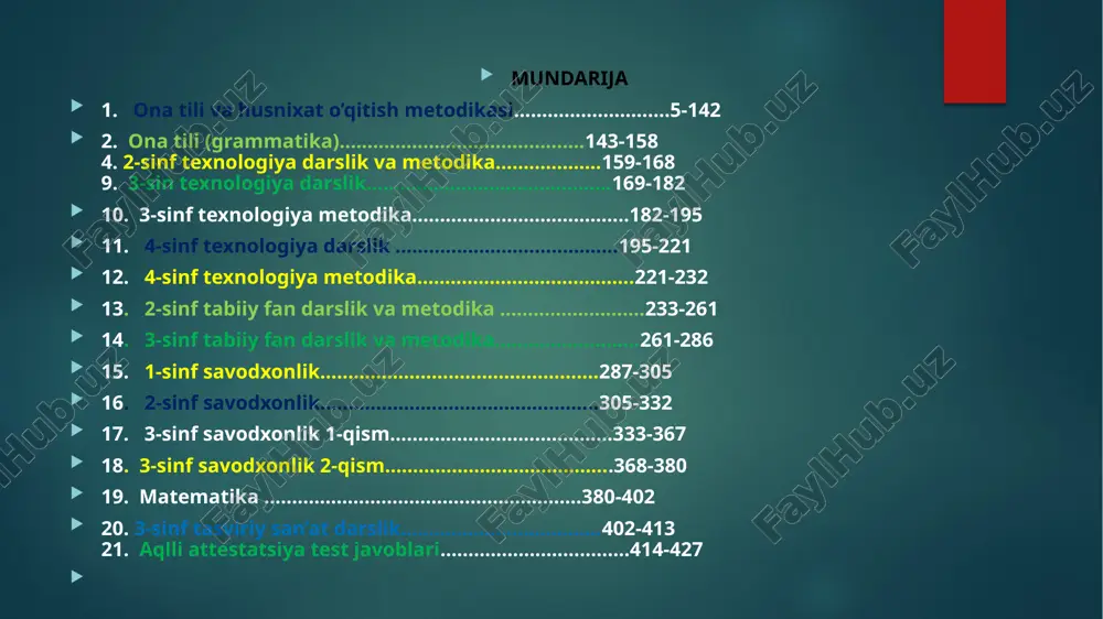 uv diktant yozadi? a. 40-50 so’z b. 30-40 so’z c. 35-45 so’z (a1+) 791. 3-sinf o’quvchilari nechta so’zli tekshirish diktanti yozadi? a. 40-50 so’z b. 50-60 so’z c. 55-65 so’z (a1+) 792. 4-sinf o’quvchilari nechta so’zli tekshiruv diktant yozadi? a. 55-60 so’z b. 70-75 so’z (a1+) c. 65-70 so’z 793. 2-sinf o’quvchilariga bayon yozish uchun nechta so’zli matn tanlanadi? a. 15-20 so’z b. 30-40 so’zli c. 70-90 so’z so’z b. gap c. fonetika d. so’zning morfemik tarkibi va gap 785. 3-sinfda nimani o’rganish muhim hisoblanadi? 788. badiiy asar matni ustida ishlashning eng samarali turi qaysi? a. tanlab o’qish d. asar rejasini tuzish b. o’quvchilarni savol tuzishga o’rgatish c. matnni tasvirlash 800. 2-sinf o’quvchisi audio matn(yoki matn), rasm asosida shaxs yoki ma’lum voqea-hodisani tasvirlab, sarlavha qo’yib nechta gapdan iborat matn tuzib yoza oladi? d.7-8 gap a. 3-4 gap b. 4-5 gap c. 5-6 gap e’tiboringiz uchun tashakkur! ushbu qo’llanma ma’lumotlaridan dars …