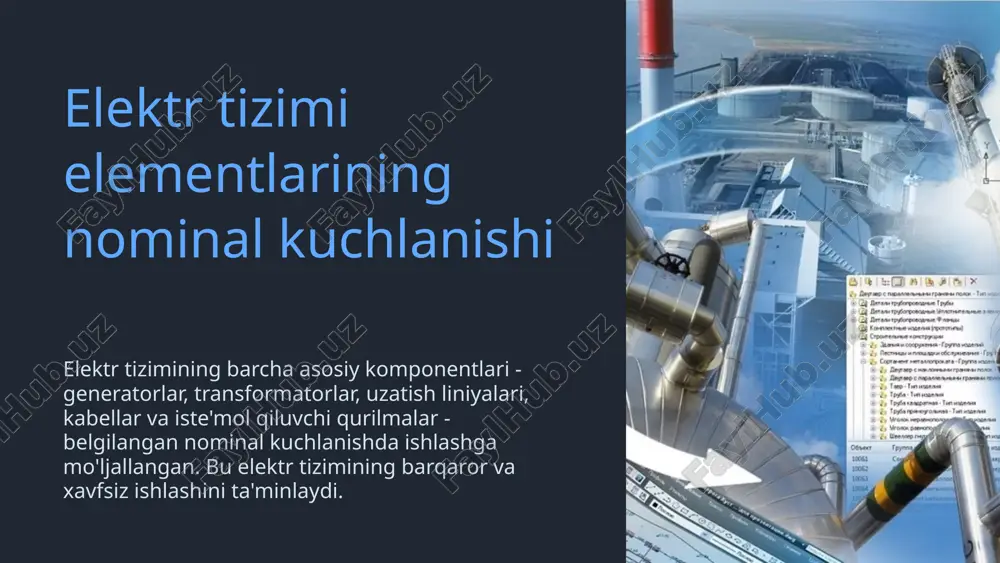 ochish oqimlarini minimallashtirib, xavfsizlikni oshiradi. barqarorlik: neytral rejimlar elektr tizimining qo'zg'almas va barqaror ishlashini ta'minlaydi, kuchlanish o'zgarishlarini cheklaydi. uzilishga chidamlilik: neytral rejimlar bir fazaviy yerga qochish holatlarida tizimning uzilishsiz ishlashini kafolatlaydi. energiya samaradorligi: neytral ish rejimlarida energiya isrofi va yo'qotishlar kamayadi, bu tizimning samaradorligini oshiradi. 6 neytral ish rejimlarining ustunliklari xavfsizlik: neytral ish rejimlari tizimni yerga qochish oqimlaridan himoya qiladi, bu esa xavfsizlikni oshiradi. barqarorlik: neytral ish rejimlari kuchlanish o'zgarishlarini cheklaydi va elektr tizimining barqaror ishlashini ta'minlaydi. uzilishga chidamlilik: neytral ish rejimlari atrofda sodir bo'lishi mumkin bo'lgan bir fazaviy yerga qochishlar holatlarida tizimning uzluksiz ishlashini kafolatlaydi. energiya samaradorligi: neytral ish rejimlarida energiya isrofi va yo'qotishlar kamayadi, bu esa tizimning samaradorligini oshiradi. 8 neytral ish rejimlarining kamchiliklari neytral ish rejimlarida kuchlanish ko'tarilishi yoki pasayib ketishi (archa o'zgarishlari) sodir bo'lishi mumkin. ayrim holatlarda neytral bo'yicha yerga qochish oqimlarining katta bo'lishi mumkin, bu esa xavfsizlik uchun tahdid tug'dirishi mumkin. neytral rejimining loyihasi ancha …