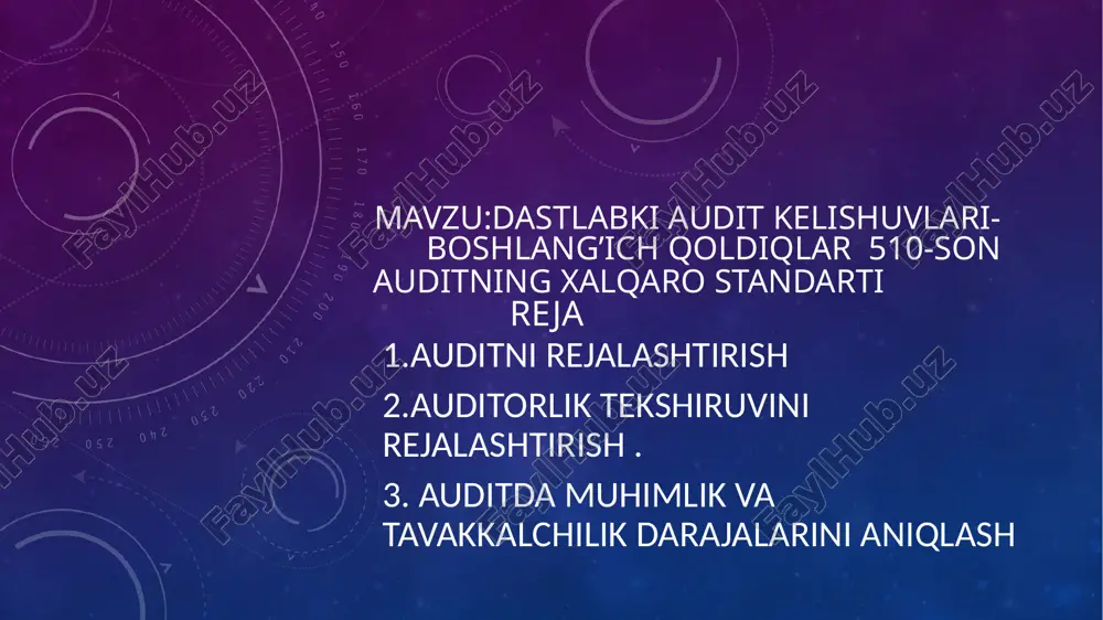 ejasi va dasturining maqbul variantini tanlash imkoniyatini yaratish uchun rejalashtirishning variantliligini ta’minlashi kerak. 11. auditni rejalashtirishda auditorlik tashkiloti quyidagi asosiy bosqichlarni ajratishi kerak: .1. dastlabki rejalashtirish; .2. auditning umumiy rejasini tayyorlash va tuzish; .3. audit dasturini tayyorlash va tuzish. 230-son axs “auditni hujjatlashtirish”; 300-son axs “moliyaviy hisobot auditini rejalashtirish”; 320-son axs “auditni rejalashtirish va bajarishda muhimlik”; 500-son axs “auditorlik dalillari”; 501-son axs “auditorlik dalillari – tanlangan to'plamni maxsus ko'rib chiqish”; 505-son axs “tashqi tasdiqnomalar”; 530-son axs “auditorlik tanlash”; 550-son axs “o'zaro bog'liq tomonlar”; 620-son axs “auditor tomonidan jalb qilingan ekspert ishidan foydalanish”. 2.rejalashtirish audit o’tkazishning boshlang’ich bosqichi hisoblanib, audit o’tkazishning kutilayotgan hajmi, jadvallari va muddatlarini ko’rsatgan holda auditorlik tashkiloti tomonidan auditning umumiy rejasini ishlab chiqishdan, shuningdek, auditorlik tashkiloti tomonidan xo’jalik yurituvchi sub’ektning moliyaviy hisoboti to’g’risida xolis va asosli fikr shakllantirilishi uchun zarur bo’lgan auditorlik rusum-qoidalarini amalga oshirish hajmi, turlari va izchilligini belgilaydigan auditorlik dasturini ishlab chiqishdan iborat bo’ladi. auditni rejalashtirishni …