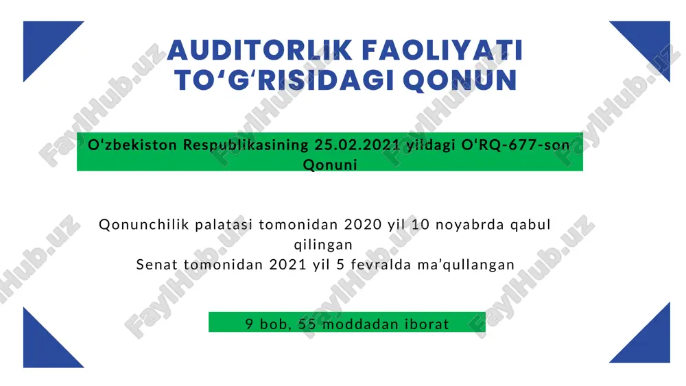 ish 19-modda. auditorning malaka sertifikati 20-modda. malaka imtihoni 3-bob 21-modda. sertifikat olish uchun talabgorga qo‘yiladigan malaka talablari 22-modda. sertifikat olish yoki uning amal qilish muddatini uzaytirish uchun zarur bo‘lgan hujjatlar 23-modda. talabgorning hujjatlarini ko‘rib chiqish tartibi va muddatlari 24-modda. malaka imtihonini topshirishga ruxsat berishni rad etish 25-modda. sertifikatni rasmiylashtirish va qayta rasmiylashtirish, uning dublikatini berish 26-modda. sertifikatning amal qilishini tugatish 4-bob 27-modda. auditorlik tashkiloti 28-modda. auditorlik tashkilotining huquqlari 29-modda. auditorlik tashkilotining majburiyatlari 30-modda. auditorlik tashkilotining javobgarligi 5-bob 31-modda. auditorlik xizmatlarining turlari 32-modda. auditorlik tekshiruvi 33-modda. auditorlik tashkilotlarining turdosh xizmatlari 6-bob 34-modda. auditorlik tekshiruvini o‘tkazishdagi cheklovlar. 35-modda. majburiy auditorlik tekshiruvi. 37-modda. xo‘jalik yurituvchi sub’yektning auditorlik tekshiruvini o‘tkazish chog‘idagi huquq va majburiyatlari. 38-modda. tashabbus tarzidagi auditorlik tekshiruvi buyurtmachisining huquq va majburiyatlari. 39-modda. auditorlik xulosasi. 40-modda. bila turib soxta tuzilgan auditorlik xulosasi. 36-modda. tashabbus tarzidagi auditorlik tekshiruvi. 7-bob 41-modda. auditorlik tashkilotlarining reyestri 42-modda. auditorlik tashkilotini auditorlik tashkilotlarining reyestriga kiritish 43-modda. auditorlik tashkilotini auditorlik …