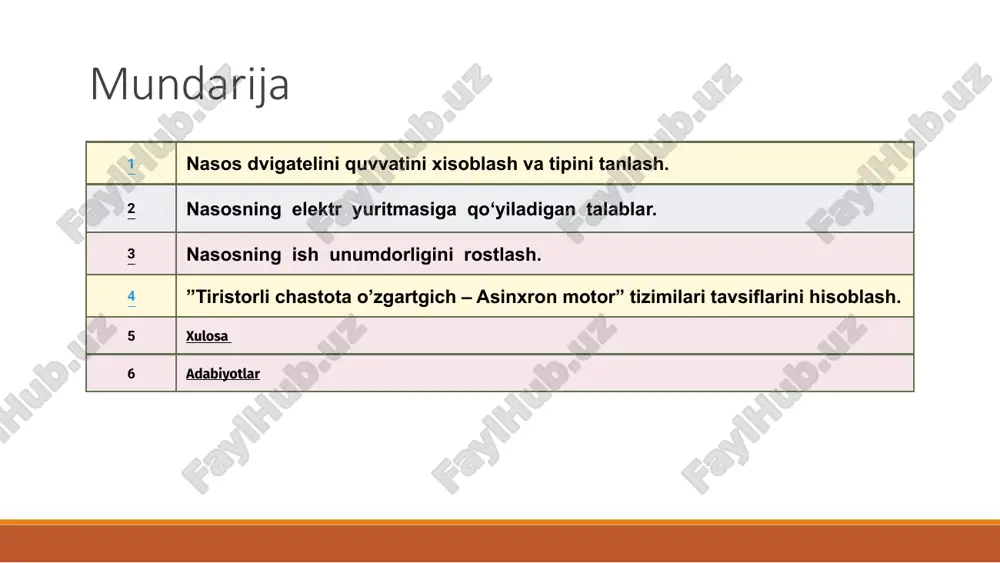 riga kiradi. tezligi rostlanmaydigan nasos qurilmalari qisqa tutashtirilgan rotorli asinxron dvigatellar qo‘llaniladi, ular 380 v kuchlanishli tarmoqdan ta’minlanadilar. quvvati 100 kvt dan katta bo‘lgan nasoslar elektr yuritmasi sifatida 6 va 10 kv kuchlanishli tarmoqdan ta’minlanadigan asinxron yoki sinxron dvigatellar qo‘llaniladi, ular to‘g‘ridan-to‘g‘ri to‘la kuchlanish bilan ishga tushiriladi. parrakli nasoslar ko‘p hollarda yuqori tezlikka ega bo‘ladi, ularni to‘g‘ridan-to‘g‘ri dvigatelga ulash mumkin. nasoslarni yopiq zadvijka bilan yoki ochiq zadvijka bilan ishga tushiriladi. yopiq zadvijka bilan ishga tushirilganda dvigatelni ishga tushrish momenti uning nominal momentini 0,2-0,3 ulushini tashkil etishi kerak. agar bunda truboprovod yopiq bo‘lsa ham xavfli bo‘sim hosil bo‘lmaydi, chunki bunda quvvat dvigatelni nominal quvvatini 40%ni tashkil etadi holos. nasosning ish unumdorligini rostlash. nasosning ish unumdorligini oshirishga qaratilgan tadbirlar ular iste’mol qilayotgan elektr energiyani tejashda katta axamiyatga ega. nasoslarning ish unumdorligini to‘rt hil usul bilan rostlash mumkin: truboprovodlarni qarshiligini o‘zgartirish yani magistralga zadvijkalarni kiritish; dvigatelni burchak tezligini o‘zgartirish; magistralga ishlayotgan agregatlarni sonini …