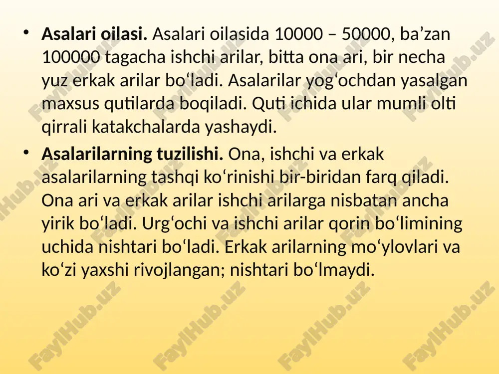 edia/image1.jpeg ppt/theme/theme2.xml ppt/media/image2.jpeg ppt/media/image3.jpeg ppt/media/image5.jpeg ppt/media/image6.jpeg ppt/comments/comment1.xml ppt/comments/comment2.xml ppt/notesmasters/_rels/notesmaster1.xml.rels ppt/media/image11.jpeg ppt/media/image8.jpeg ppt/media/image12.jpeg ppt/media/image13.jpeg ppt/media/image14.jpeg ppt/media/image10.jpeg ppt/media/image7.jpeg ppt/media/image15.jpeg docprops/thumbnail.jpeg ppt/media/image9.jpeg ppt/presprops.xml ppt/viewprops.xml ppt/tablestyles.xml docprops/app.xml ppt/media/media1.mp4 docprops/core.xml ppt/media/image16.png ppt/media/image4.png [content_types].xml _rels/.rels docprops/custom.xml asalarlarnin biologic hususiyatilari tashqi va ichki tuzulishi hamda kopayishi asalari oilasi . asalari oilasida 10000 – 50000, ba’zan 100000 tagacha ishchi arilar , bitta ona ari , bir necha yuz erkak arilar bo‘ladi . asalarilar yog‘ochdan yasalgan maxsus qutilarda boqiladi . quti ichida ular mumli olti qirrali katakchalarda yashaydi . asalarilarning tuzilishi . ona , ishchi va erkak asalarilarning tashqi ko‘rinishi bir-biridan farq qiladi . ona ari va erkak arilar ishchi arilarga nisbatan ancha yirik bo‘ladi . urg‘ochi va ishchi arilar qorin bo‘limining uchida nishtari bo‘ladi . erkak arilarning mo‘ylovlari va ko‘zi yaxshi rivojlangan ; nishtari bo‘lmaydi . bir oila bir ona (xalq tilida „podshosi“ deb ham yuritiladi), bir necha ming ishchi va bir necha yuz erkak asalaridan iborat. ona …