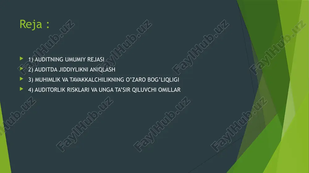 k mavjud, ya’ni muhimlikning darajasi qanchalik yuqori bo’lsa, auditorlik tavakkalchiligi shunchalik past bo’ladi va uning teskarisi.muhimlik va auditorlik tavakkalchiligi o’rtasidagi teskari o’zaro bog’liqlik auditor tomonidan auditorlik muolajalarining tavsifi, muddati va hajmini belgilashda inobatga olinadi. masalan, agar auditor aniq auditorlik muolajalarini rejalashtirishni yakunlagandan keyin maqbul muhimlik darajasi belgilangandan past bo’lsa, auditorlik tavakkalchiligi oshadi. auditor vujudga kelgan vaziyatni quyidagi usullardan biri bilan qoplashi lozim: a) mumkin bo’lgan joylarda baholangan nazorat tavakkalchiligini pasaytirish va pasaytirilgan darajani kengaytirilgan yoki qo’shimcha nazorat test sinovlarini o’tkazish yo’li bilan tasdiqlash, yoki: b) mohiyati bo’yicha rejalashtirilgan muolajalarning tavsifi, muddati va hajmini o’zgartirish yo’li bilan aniqlab bo’lmaslik tavakkalchiligini pasaytirish. auditorlik risklari va unga ta’sir qiluvchi omillar auditor auditorlik tekshiruvini rejalashtirish jarayonida auditorlik tekshiruvini samarali o’tkazishi uchun yetarli bo’lgan buxgalteriya hisobi va ichki nazorat tizimi to’g’risida fikrga ega bo’lishi lozim. tavakkalchilikni maqbul bo’lgan past darajagacha kamaytirish uchun kerakli bo’lgan auditor tavakkalchiligiga baho berish va auditorlik muolajalarini ishlab chiqish maqsadida auditor …