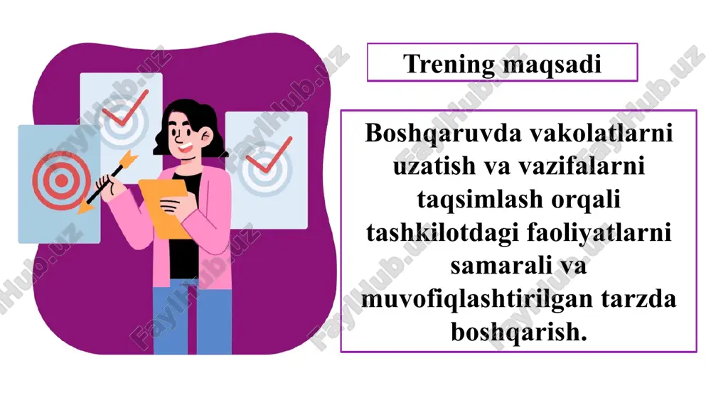 lides/_rels/notesslide4.xml.rels ppt/notesslides/_rels/notesslide5.xml.rels ppt/notesslides/_rels/notesslide6.xml.rels ppt/notesslides/_rels/notesslide7.xml.rels ppt/notesslides/_rels/notesslide8.xml.rels ppt/notesslides/_rels/notesslide9.xml.rels ppt/slidelayouts/_rels/slidelayout7.xml.rels ppt/notesslides/_rels/notesslide1.xml.rels ppt/slidemasters/_rels/slidemaster1.xml.rels ppt/notesslides/notesslide7.xml ppt/notesmasters/notesmaster1.xml ppt/theme/theme1.xml ppt/theme/theme2.xml ppt/media/image1.gif ppt/media/image2.gif ppt/media/image5.gif ppt/media/image19.gif ppt/media/image23.png ppt/media/image24.png ppt/notesmasters/_rels/notesmaster1.xml.rels ppt/media/image17.gif ppt/presprops.xml ppt/viewprops.xml ppt/tablestyles.xml docprops/app.xml docprops/core.xml ppt/media/image10.png ppt/media/image11.png ppt/media/image12.png ppt/media/image13.png ppt/media/image14.png ppt/media/image15.png ppt/media/image16.png ppt/media/image18.png ppt/media/image20.png ppt/media/image21.png ppt/media/image22.png ppt/media/image25.png ppt/media/image26.png ppt/media/image27.png ppt/media/image3.png ppt/media/image4.png ppt/media/image6.png ppt/media/image7.png ppt/media/image8.png ppt/media/image9.png ppt/slides/slide15.xml [content_types].xml _rels/.rels docprops/custom.xml boshqaruvda vakolatlarni uzatish va vazifalarni taqsimlash . trening maqsadi boshqaruvda vakolatlarni uzatish va vazifalarni taqsimlash orqali tashkilotdagi faoliyatlarni samarali va muvofiqlashtirilgan tarzda boshqarish . reja : vakolatlarni uzatish orqali boshqaruv samaradorligini oshirish . vakolatlarni uzatish va vazifalarni taqsimlashda xodimlar qobiliyati , qiziqishlari , xarakter va kompetensiyalariga asoslanish . ta’lim muassasasi rahbari tomonidan barcha vakolatlarni o‘zida saqlab turishining salbiy oqibatlari . vakolatlarni aniqlash ishning aniq belgilanishi nazorat va yordam mos shaxsni tanlash 1.1 1. vakolatlarni uzatish ( delegatsiya ) vakolatlarni uzatish — bu boshqaruvchining o‘z vazifalarin