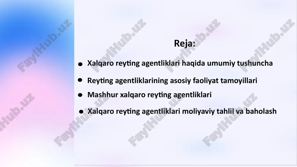 entliklar, ta'lim sifati, ilmiy tadqiqot faoliyati, akademik kadrlar va boshqa ko'rsatkichlarga e'tibor qilib, eng yaxshi universitetlarni topish, tahlil qilish va baholashda o'zlarini muqobil ko'rsatadi. dunyo bo'ylab universitetlarni baholashda o'z faoliyatini olib boruvchi mashhur reyting agentligidir. the world university rankings yillik ravishda e'lon qilinadi va universitetlarni dunyo bo'ylab moliyaviy, akademik va ijtimoiy ko'rsatkichlar asosida taqqoslash va baholashda ishlatiladi dunyoda eng katta korporativ tashkilotlarni baholashda ishlatiluvchi reytingdir. bu reyting, har yil fortune maqolalari jurnali tomonidan e'lon qilinadi va korporativ tashkilotlar uchun moliyaviy hisobotlar, darajalar, hissaviy kapital, sotib olish va boshqa ko'rsatkichlarni o'z ichiga oladi. moody's eng qadimgi va eng hurmatga sazovor xalqaro reyting agentliklaridan biri. standard & poor's kredit riskini ishonchli baholashni ta'minlovchi kredit reytinglari bo'yicha jahon yetakchisi. fitch ratings moliyaviy va kredit risklarini tahlil qilishga ixtisoslashgan yirik xalqaro agentliklardan biri. davlatlar orasidagi korruptsiya darajasi bo'yicha reyting. transparency international 6 xalqaro reyting agentliklarining faoliyat asoslari quyidagilardir: 1 ma'lumotlarni to'plash: xalqaro reyting agentliklari …