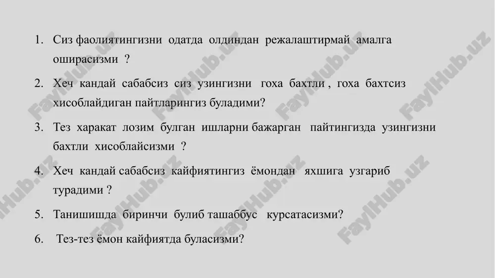 mperamentlar xolerik:- bu tipdagi kishilar biror ishni ishtiyok bilan boshlaydi ,xarakatlari chakkon,tez kuzgaluvchan,sabrsiz,xovlikma munosabatda keskin ,rostguy va ka'tiyatli ,tashabbuskor ,kaysar ,topkir,tirishkok,tavakkal kilishga moyil,arazlamaydigan tez extirosli ,kizikkonlikka moyil ,kamchiliklarga tokatsiz,tez xarakatga ega ,kayfiyati tez uzgarib turishga moyil shaxs,xissiy kuzgaluvchan va ekstravert,ular anik imo-ishoralar ,boy mimika bilan xarakterlanadi. bunday kishilar kupincha uzini uzini tuta bilmaslikka yul kuyadilar ,agressiv kayfiyatga beriluvchan,arazchi buladilar. sangvinik:- bu tipdagi kishilar jushkin ,xushchakchak,gayratli,ishchan,mexribon xar kanday ishlarda aktiv munosabatda bulishi ,tez va oson javob beradi va til topishadi,uziga ortikcha baxo berishga moyil ,boshlagan ishini oxirigacha etkazmaydi,kizikishlar va moyiliklari tuturiksiz ,sharoitlarga oson kunikadi,zur kizikish bilan ishiga kirishadi,dilkash va mexribon ,kishilar bilan munosabatda tortinmaydigan bardoshli va ishchan,ifodali mimikasi bilan ajralib turadi,tez va baland ovozli nutkka ega,tez uxlab tez uygonadi,shoshma-shoshar,turli narsalarga chalgishga moyil. flegmatik:- bu tipdagi kishilar nixoyatda ogir bosik va sovukkon ,muloxazali extiyotkor va andishali ,kutishga kodir ,kam gap,xis-xayajoni yakkol ifodalanmagan,vazmin va sabr -tokatli,boshlagan ishini oxirigacha etkazadi,kuchini bekorga sarflamaydi, sistemaga ka'tiy …