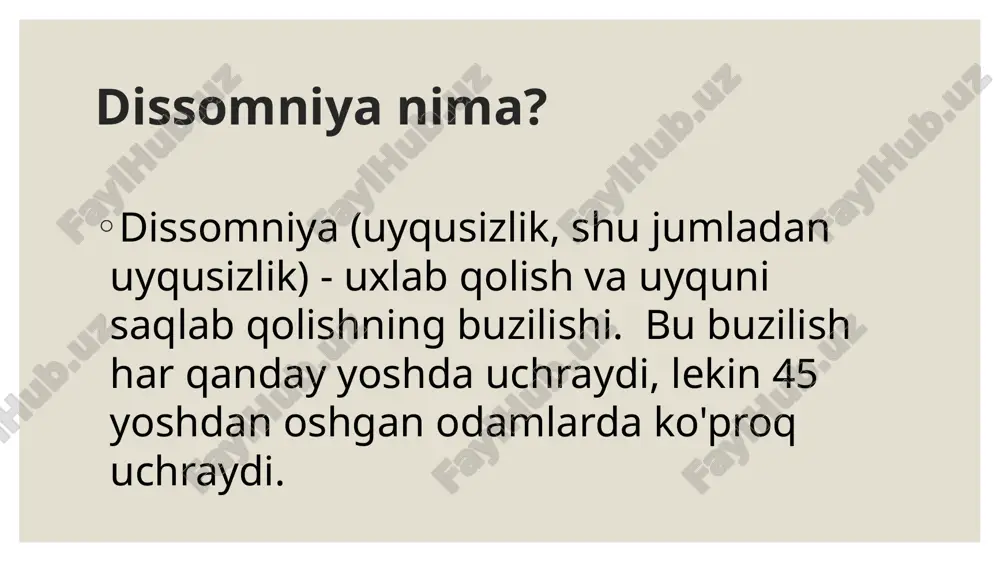 a, kunduzi soat 12 gacha uxlab kolishadi. kuprok yoshlarda kuzatiladi. psixostimulyator-lar tavsiya etiladi yoki kunduz kungi jismoniy mexnatga jalb etiladi. narkolepsiya narkolepsiya - kunduz kuni tusatdan uxlab kolish, muskullar tonu-sining birdan yukolishi va keskin psixoemotsional buzilishlar bilan namoyon buluvchi patologik sindrom. narkolepsiya kunduz kunlari kuchli darajada uyku bosishi, kataplek-siya, gipnogogik xolatlar, nutk buzilishlari (gapira olmay kotib kolish) va kuchli emotsional reaktsiyalar (xoxolab kulib yuborish, yonidagi odamga ajablanib yoki uta kaxr ila karash) bilan namoyon buladi. narkolepsiyada kunduz kungi gipersomniya kuzatilsa-da, kechasi tez. tez uygoni6 ketishlar ruy berib turadi. davolash: simptomatik terapiyadan kunduz kungi uykuchanlikni pasaytirish uchun psixostimulyatorlar psixotik buzilishlarni kamaytirish uchun antidepres-santlar (fluoksetin, prozak) tavsiya etiladi. uyku paytidagi apnoe - uxlab yotgan odamda 10 soniya mobaynida nafas tuxtashi bilan namoyon buluvchi xolat. upa klinikasi kuyidagi simptomlardan iborat. nafas olish ritmi buzilishidan tashkari chukur-chukur shovkinli nafas olib uxlash, kuchli xurrak otish uyku paytidagi bezovtaliklar va tez-tez uygonib ketishlar ruy beradi. bunday …