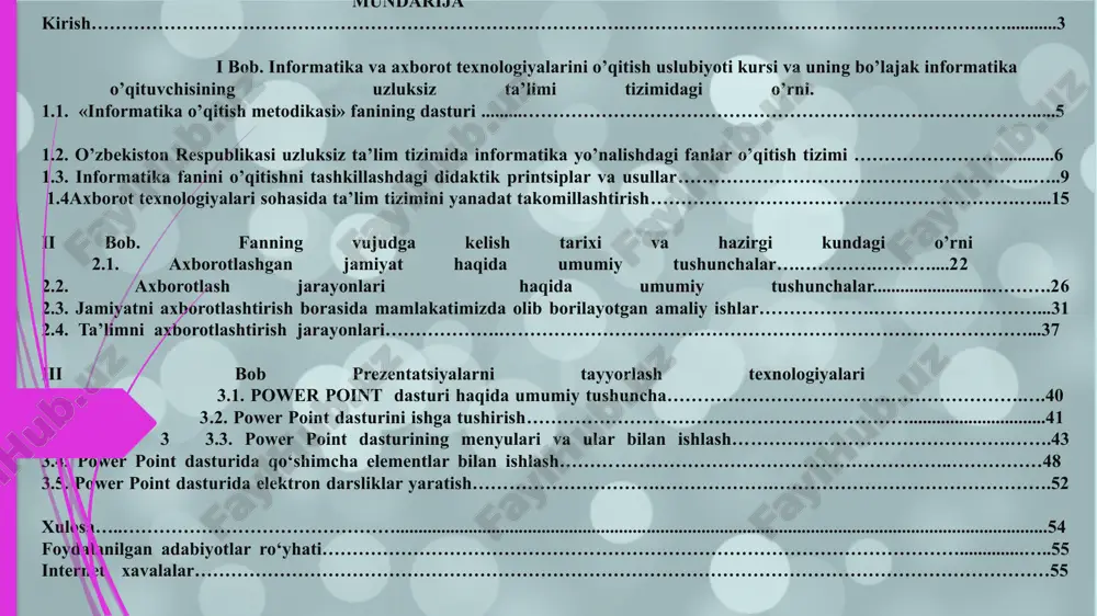 iii bob prezentatsiyalarni tayyorlash texnologiyalari 3.1. power point dasturi haqida umumiy tushuncha……………………………….………………….….40 3.2. power point dasturini ishga tushirish………………………………………………………..............................41 3 3.3. power point dasturining menyulari va ular bilan ishlash……………………………………….…….43 3.4. power point dasturida qo‘shimcha elementlar bilan ishlash………………………………………………………..……………48 3.5. power point dasturida elektron darsliklar yaratish………………………….……………….……………………………………….52 xulosa…..………………………………………...............................................................................................................................................54 foydalanilgan adabiyotlar ro‘yhati……………………………………………………………………………………………..............…..55 internet xavalalar……………………………………………………………………………………………………………………………55 2 kirish yurtimiz 0‘zbekistonning iqtisodiy jihatdan rivojlanib borishi va globallashuv sharoitida jahon iqtisodiy tizimida to’laqonli sheriklik asosida o‘z o‘rniga ega bo’lishi, faoliyatimizning barcha jabhalarida axborot-kommunikatsiya texnologiyalaridan keng foydalanishni talab qilmoqda. iqtisodiyotnig bozor munosabatlariga o‘tish jamiyat ijtimoiy-iqtisodiy hayotining barcha sohalariga axborotlashtirish sohasida erishilgan eng so‘nggi yutuqlarni tatbiq etish sur’atlarini g‘oyatda tezlashtirib yubordi. hozirgi kunda “axborotlashtirish”, “kompyuterlashtirish”, “elektron hujjat”, “elektron boshqaruv”, “ta’limni kompyuterlashtirish” kabi atamalar hayotimizga keng kirib keldi. axborot tizimlari va texnologiyalari yildan-yilga kishilik faoliyatining turli sohalarida yanada keng qo’llanilib borilmoqda. ularni loyihalashtirish, yaratish, ishga tushirish va keng qo’llashdan maqsad - jamiyat va insonning butun hayot faoliyatini axborotlashtirish borasidagi muammolarini hal etishdir. …