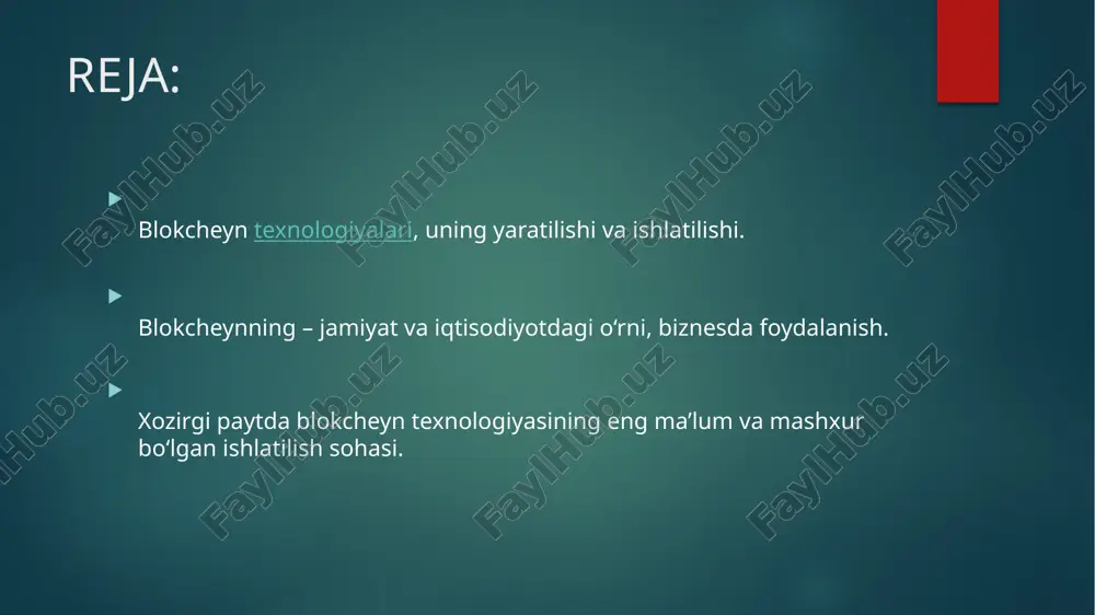 ta novatorlik potensialiga ega. xuddi internet iqtisodiyotisingari, blokcheyn texnologiyasi ham yangi turdagi iqtisod yaratadi va xuddishuning uchun ham biz ushbu imkoniyatdan foydalanish imkoniyatlarini nazardanqochirishimiz kerak emas. kriptotexnologik raqamli iqtisodiyot siyosiy nuqtainazardan ham, raqamli arxitektura nuqtai-nazaridan ham, markazlashmaganishonchga asoslangan iqtisodiyot bo‘ladi. blokcheyn barchaga bir xildagi imkonberib, ishtirokchilarning imkoniyatlarini qandaydir ma’noda tenglashtiradi. avvalboshdanoq internetning asosiy vazifasi ma’lumotlarni tarqatish va uningalmashinuvini ta’minlash bo‘lsa, blokcheynning funksiyasi qandaydir qiymatgaega bo‘lgan ma’lumotlarni uzatishdir. shunday qilib, blokcheyn, perspektiv hamdakelajak innovatsion texnologiyasidir. masalan, 2015 yil oktyabr oyida theeconomist jurnalida «blokcheyn, trast mexanizmi» deb nomlangan maqolachiqqanda internet va ijtimoiy saytlar ushbu ma’lumotni tezkorlik bilan jahonbo‘ylab innovatsion yangilik sifatida tarqatdilar. chunki ungacha hech kim69blokcheyn xaqida biror bir ma’lumotga ega emas edi. iqtisodiyot bo‘yicha kata obro‘ga ega bo‘lgan jurnalning old sahifasida blokcheynni maqtab, reklamaqilinishi katta shov-shuvga sabab bo‘ldi shuni ham tushunish lozimki, blokcheyn – jamiyat va iqtisodiyotni batamom transformatsiya qiluvchi, bir qancha biznes modellarnitubdan o‘zgartiruvchi va bularning natijasida ilmiy texnik yangilik …