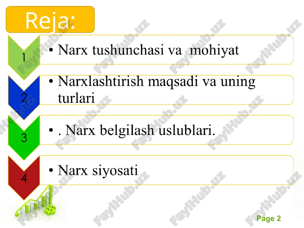 rentabelligi bo’yicha baho belgilash uslubi korxona har yili 40000 dona mahsulot ishlab chiqarishni ko’zda tutadi. mahsulot birliga to’g’ri keladigan o’zgaruvchan harajatlar 3500 so’mga teng. doimiy xarajatlar 70000 ming so’m bo’lib,korxona uchun bankdan 100000 ming so’m moliyaviy ko’mak kerak bo’ladi. bunda yillik foiz stavkasi 17 foizni tashkil etadi. mahsulot birligi uchun narxni hisoblaymiz mahsulot birligiga to’g’ri keladigan to’liq xarajatlarni hisoblaymiz: 3500+1750=5250 so’m mahsulot birligiga to’g’ri keladigan investitsiya rentabelligini aniqlaymiz: (100 000 000 × 0,17) / 40 000=425 so’m mahsulot bahosi quyidagiga teng bo’ladi: 5250+425=5675 so’m mahsulot birligi uchun to’g’ri keladigan doimiy xarajatlarni aniqlaymiz: 70000000/40000=1750 so’m free powerpoint templates page * free powerpoint templates page * free powerpoint templates page * diskriminatsiya baholarni belgilash diskriminatsiya (bir xil boʼlmagan) baholarni belgilashda korxona bir xil mahsulot yoki xizmat uchun turli xil shaklda, turli xil baxo belgilaydi. psixologik jihatdan jozibador baholarni belgilash bunda xaridorlar psixologiyasi hisobga olinadi. bahoni butun son emas undan biroz kamroq raqamlarda …